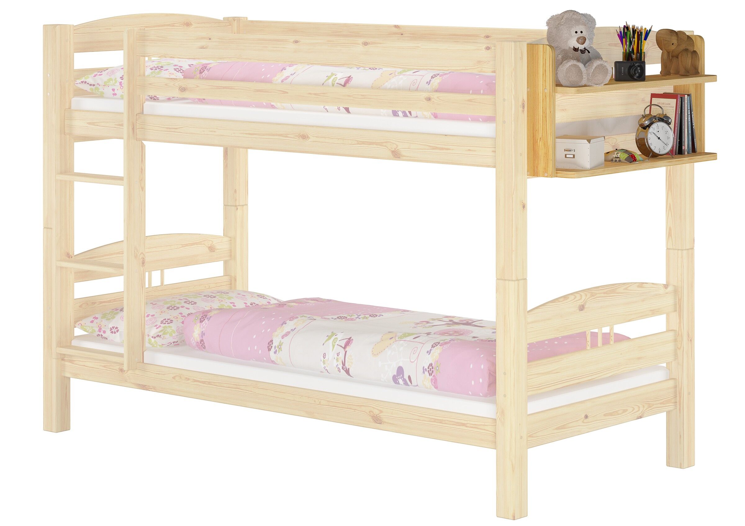 Hochbett, Holz, Großes Bett, Holzbettrahmen, Aufsatzregal, Einhängeregal für Etagenbett