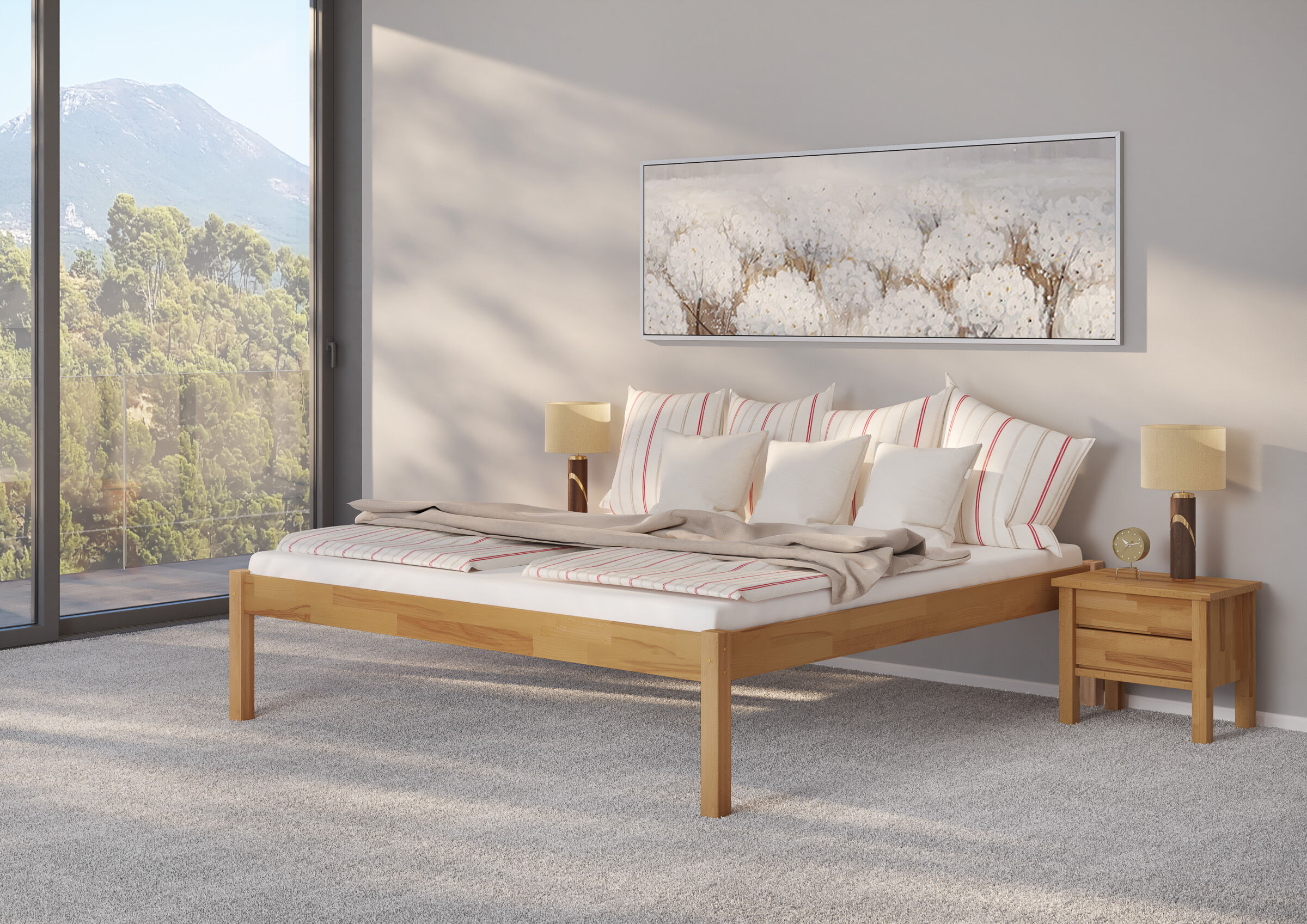 Innenarchitektur, Mobiliar, Inneneinrichtung, Lampe, Kissen, Buche Bett 200x200 cm mit erhöhten Füßen