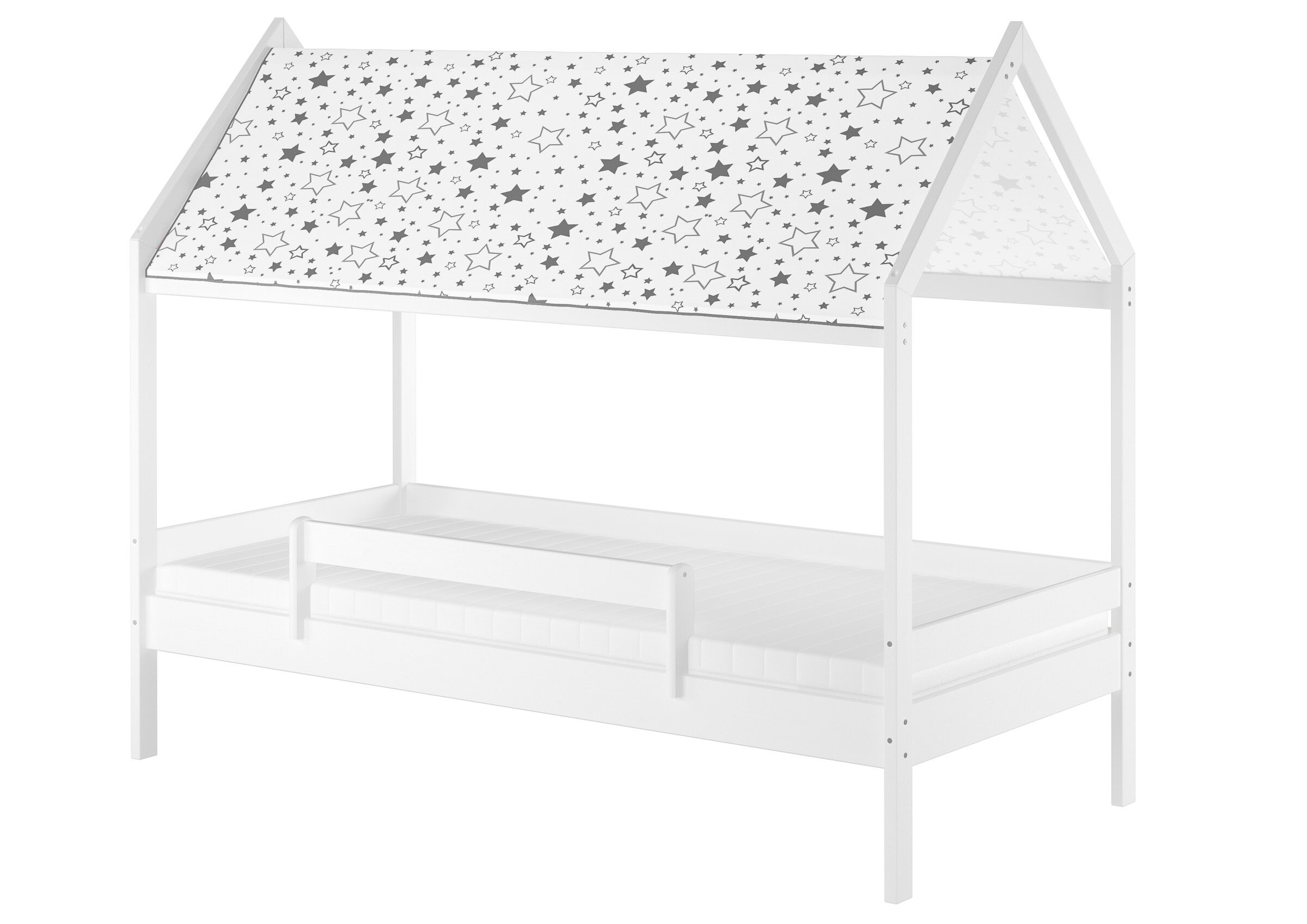 Kinderbett, Etagenbett, Spielbett, Sternenmuster, Holzbett, Kinderbett mit Dach Kiefer waschweiß