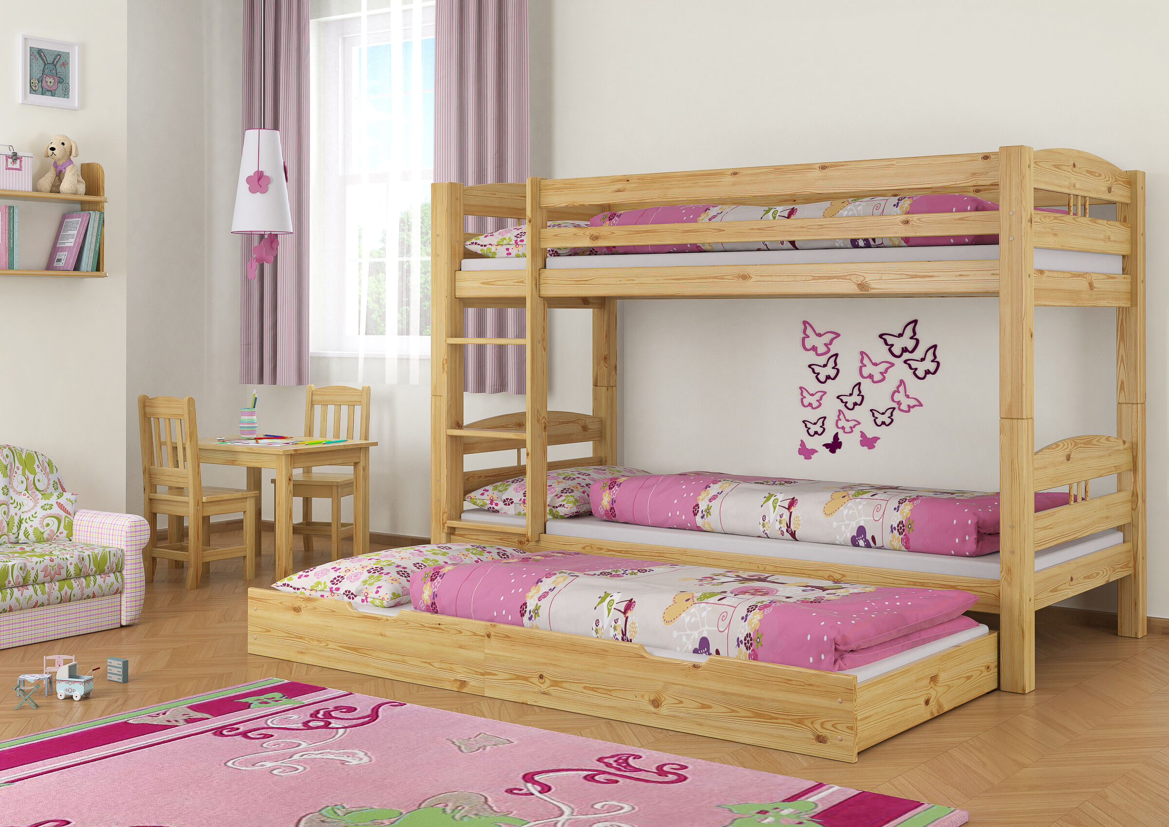 Etagenbett, Holzrahmen, rosa Bettwäsche, Schmetterlingsdeko, Kinderzimmer, Kinderschlafzimmer Kiefer natur