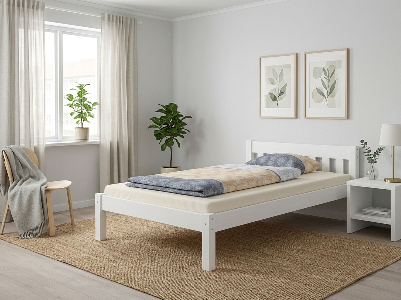 bett, bettgestell, leinen, teppich, zimmer, Gästezimmer in hellen Tönen