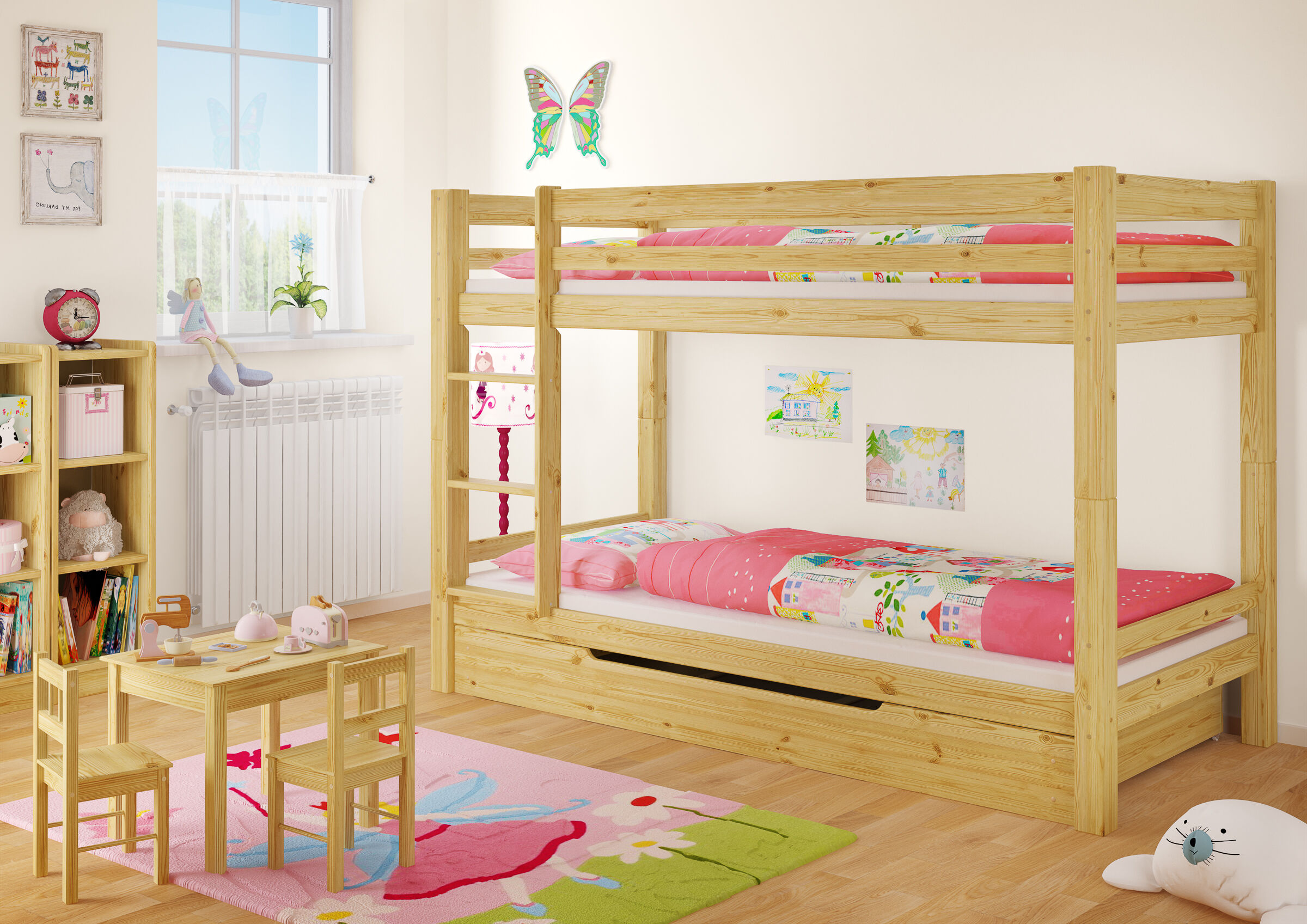 Etagenbett, Holz, Stockbett, Kinderzimmer, Bettwäsche, Zimmer mit Stockbett und Bettkasten