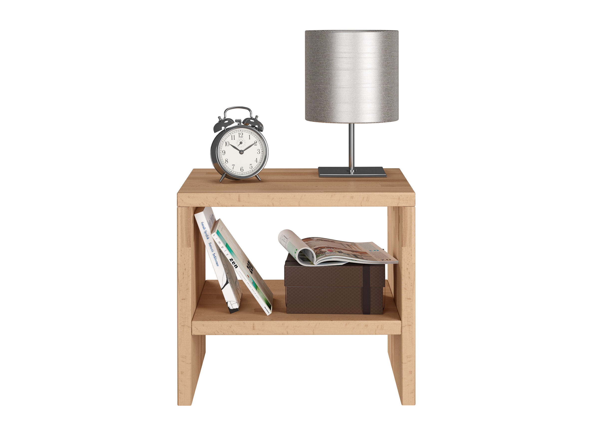 Nachttisch, Tisch, Lampe, Buchständer, Uhr, Beistelltisch-Buche-massivholz