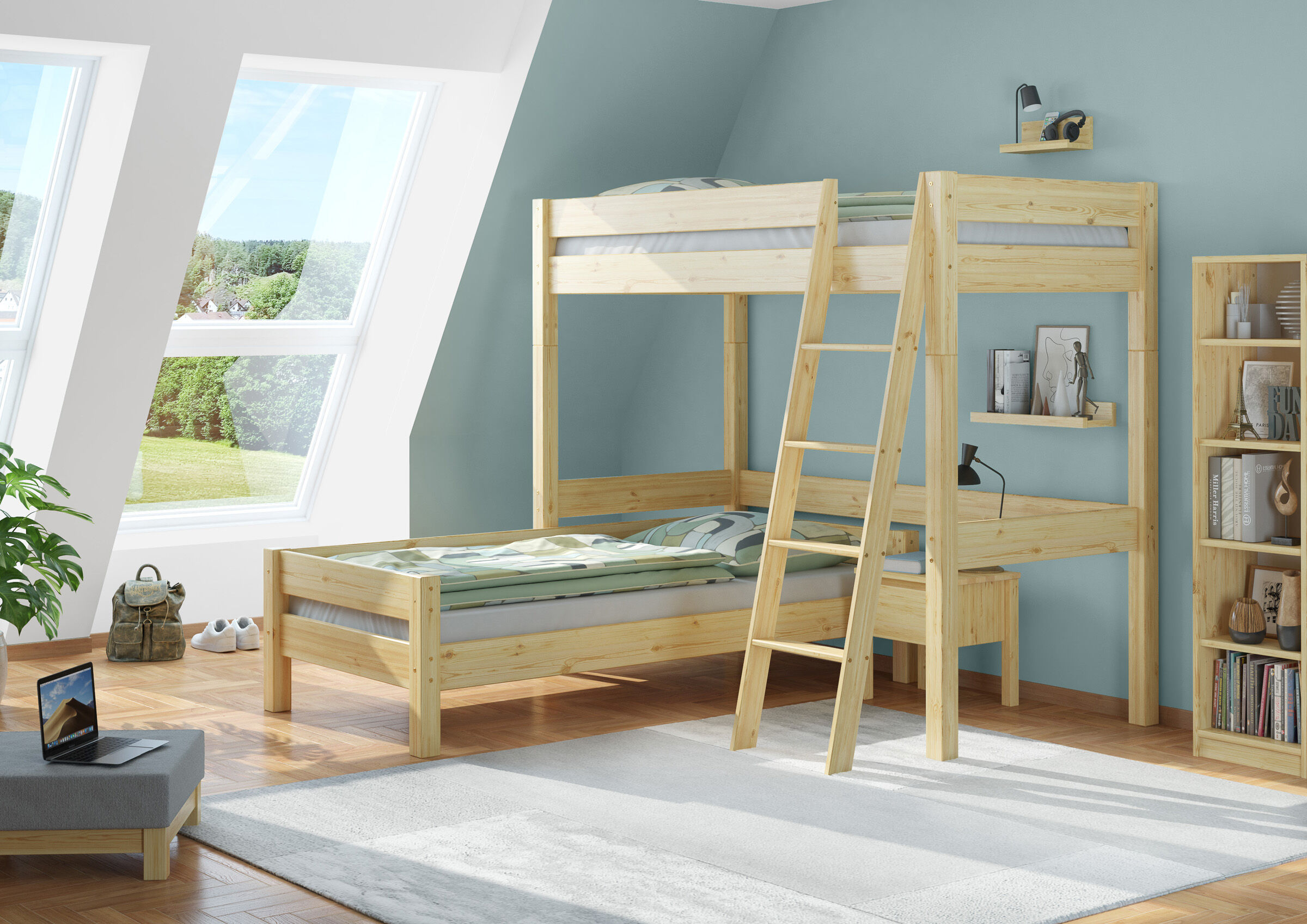 hochbett, Etagenbett, Holz, Naturholz, Schlafzimmer, Zimmerbild Etagenbett Hochbett Kiefer natur