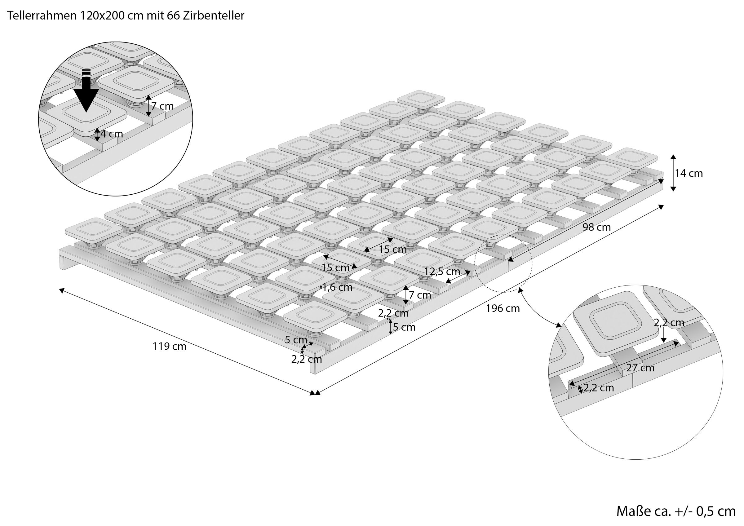 Maßskizze des Rostes mit Tellersystem 120x200 Maße des Tellerrostes 120x200