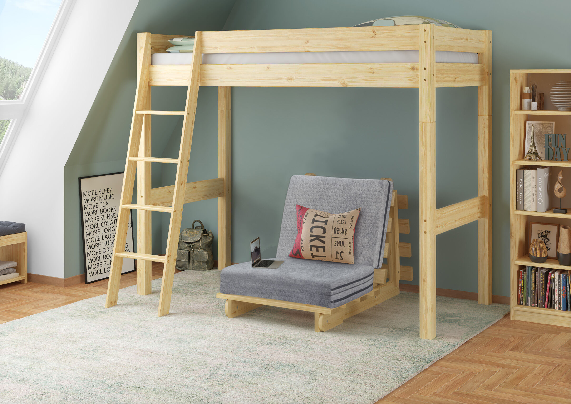 Hochbett, Holz, Sessel, Kissen, Drucker, Zimmerbild des Massivholzbettes 80x200 als Sessel