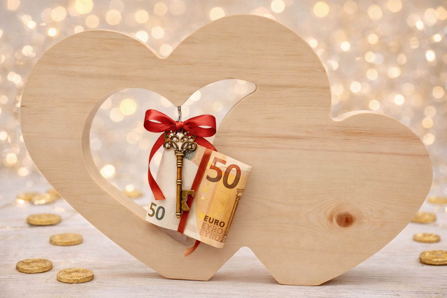herz, holzdeko, geldschein, schloss/Schlüssel, rote schleife, Herz, Schatztruhe, Geldschein, Geldkassette, Rotes Band,