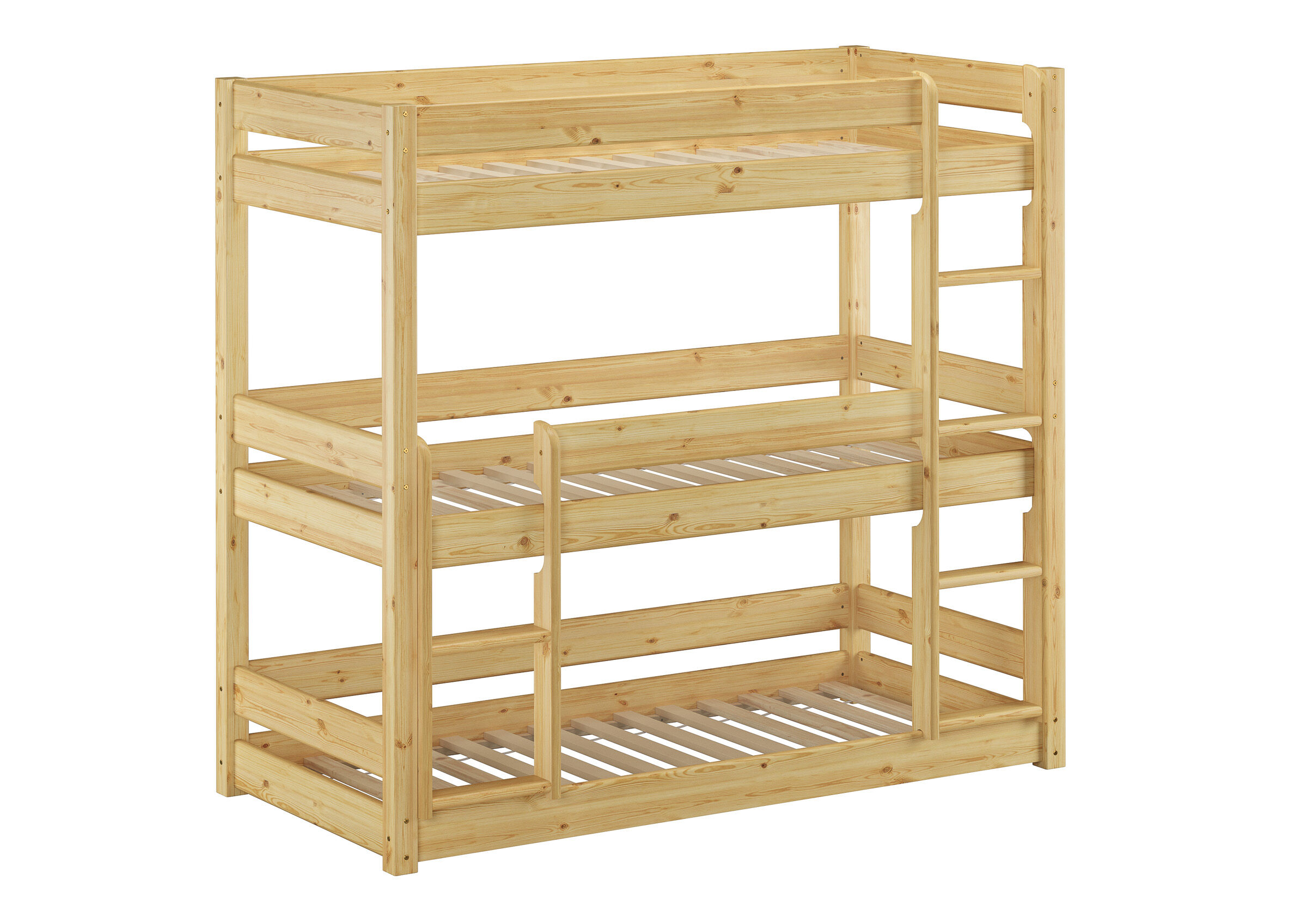 Holzbettrahmen, Hochbett, Holz, Etagenbett, natürliche Farbe, Dreier Stockbett Kiefer natur mit Rollrosten