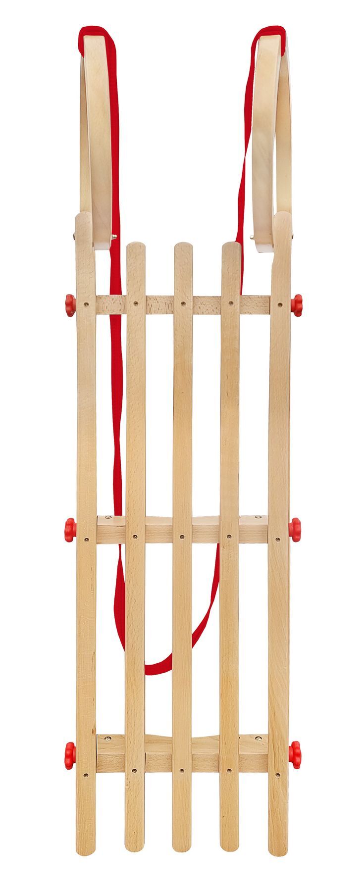 Schlitten, Holzschlitten, Rotes Seilband, Holzlatten, Schlittenkufen, Massivholzschlitten