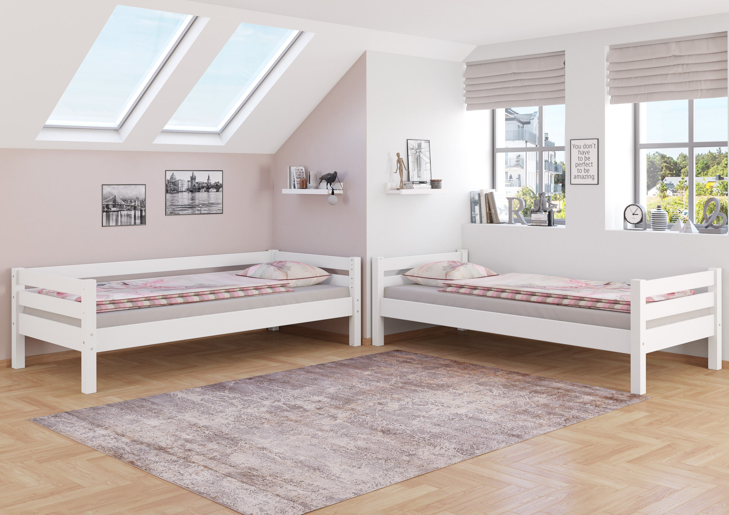 KInderzimmer, Zweibettbett, weißes Bettgestell, rosa Bettwäsche, Teppich, Zimmerbild des geteilten Stockbettes 90x200 cm