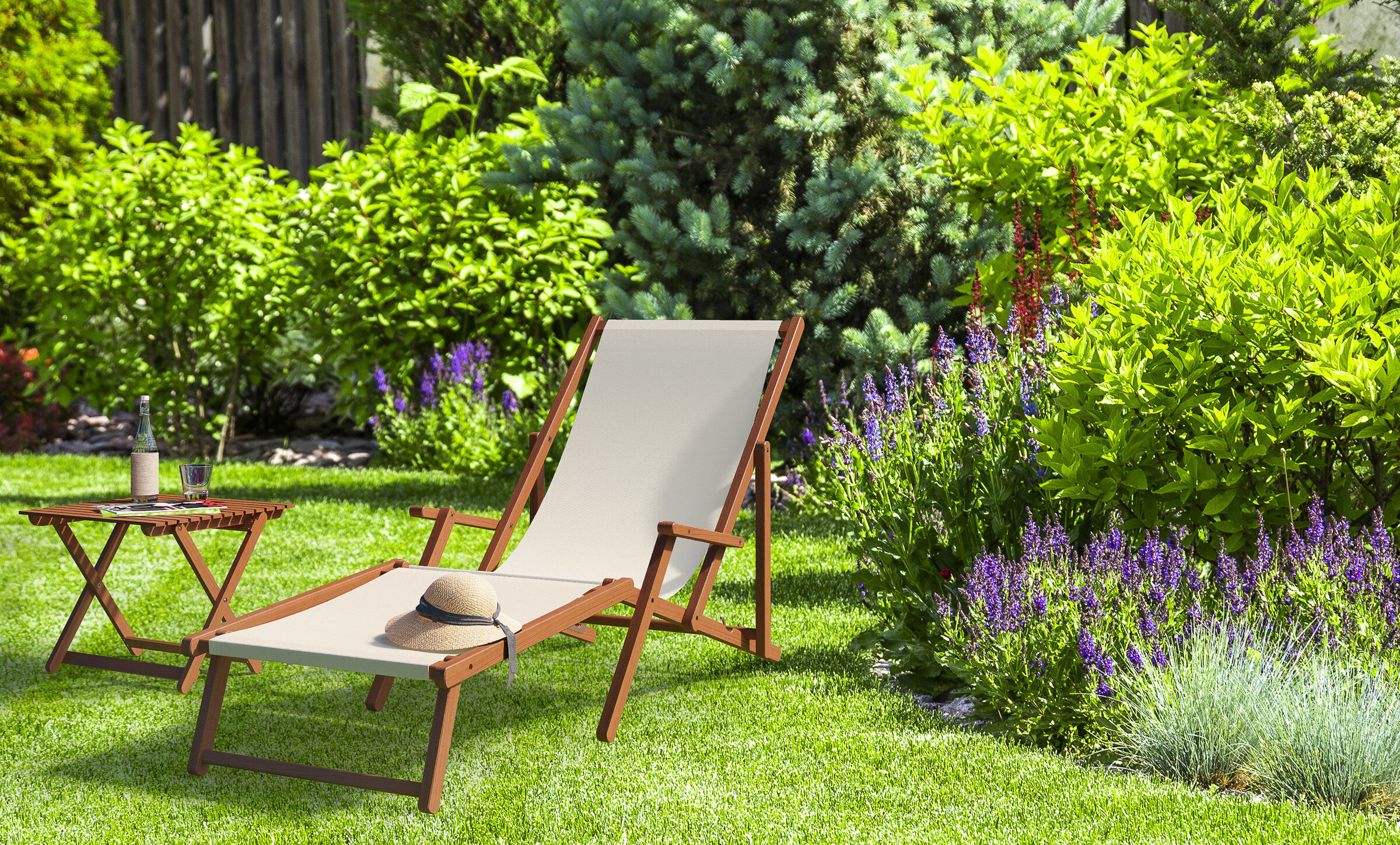 Lounge chair, Garden chair, Wooden frame, Fabric cover, Sun lounger, XXL Liegestuhl