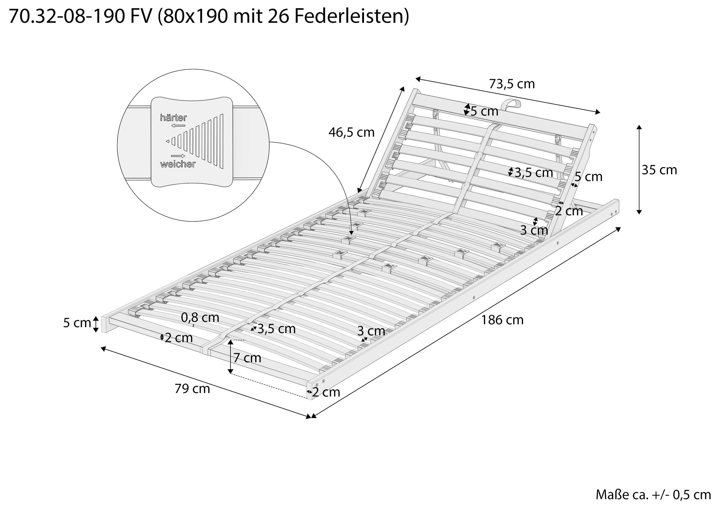 bettrichtung, holzbett, lattenrost, verstellbar, massivholz, Skizze mit Maße