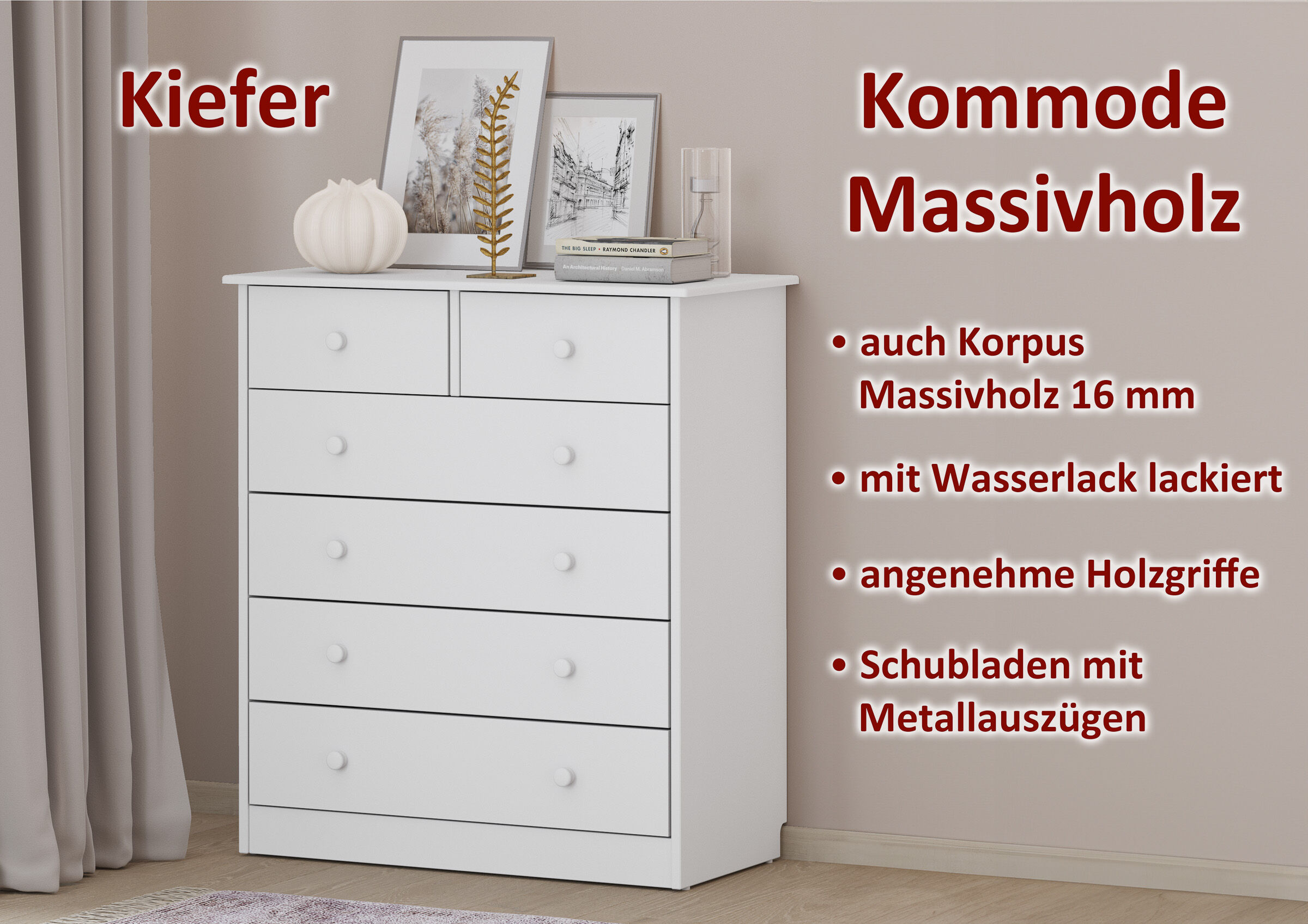 Kleiderschrank, Massivholz, weiße Kommode, Holzgriffe, Korpus 16 mm, Vorteile Holzkommode