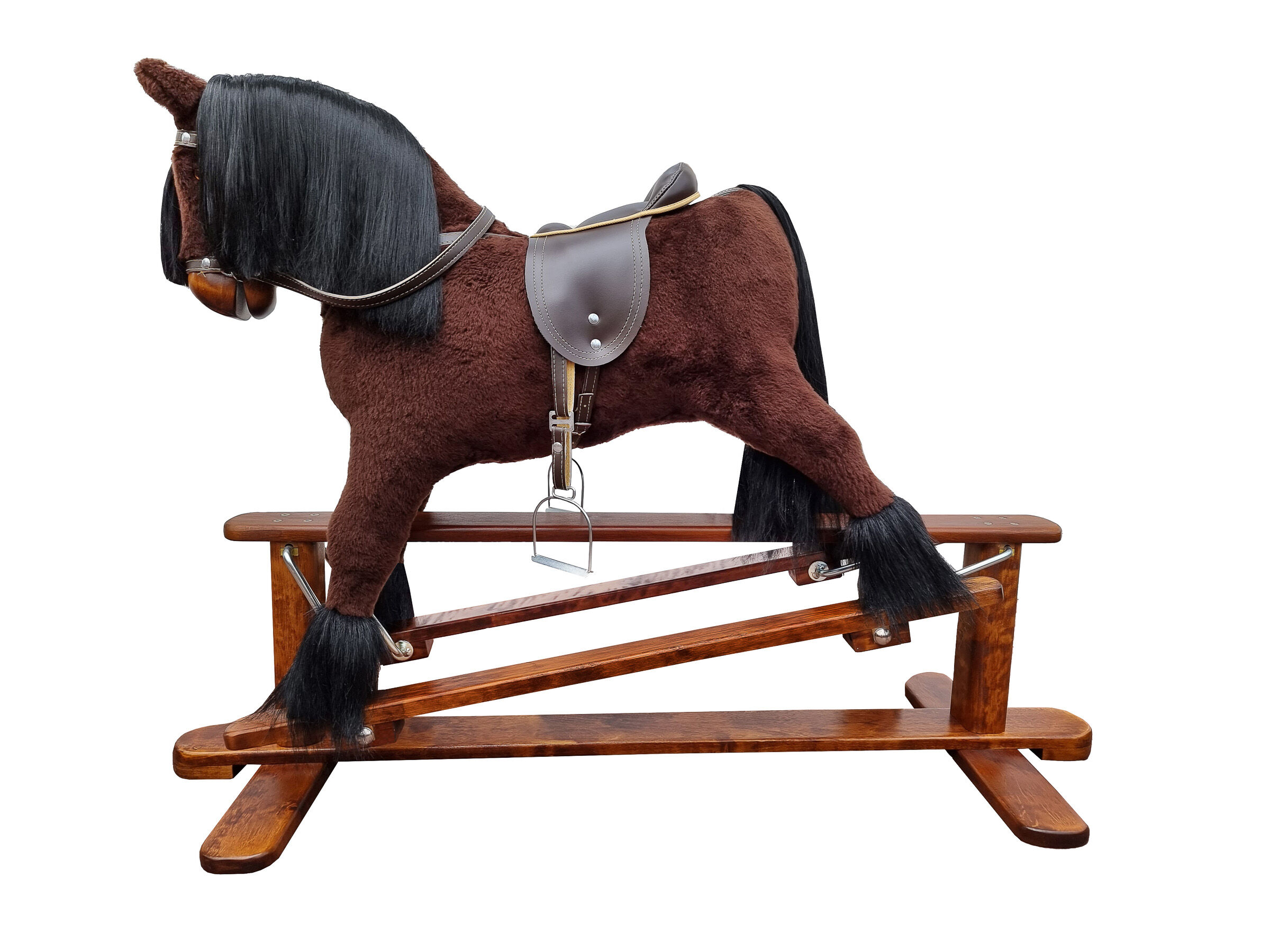 Pferdefigur, Schaumpferd, Stehender Schaukelpferd, Holz-Sockel, Sattel, braunes Holzschaukelpferd