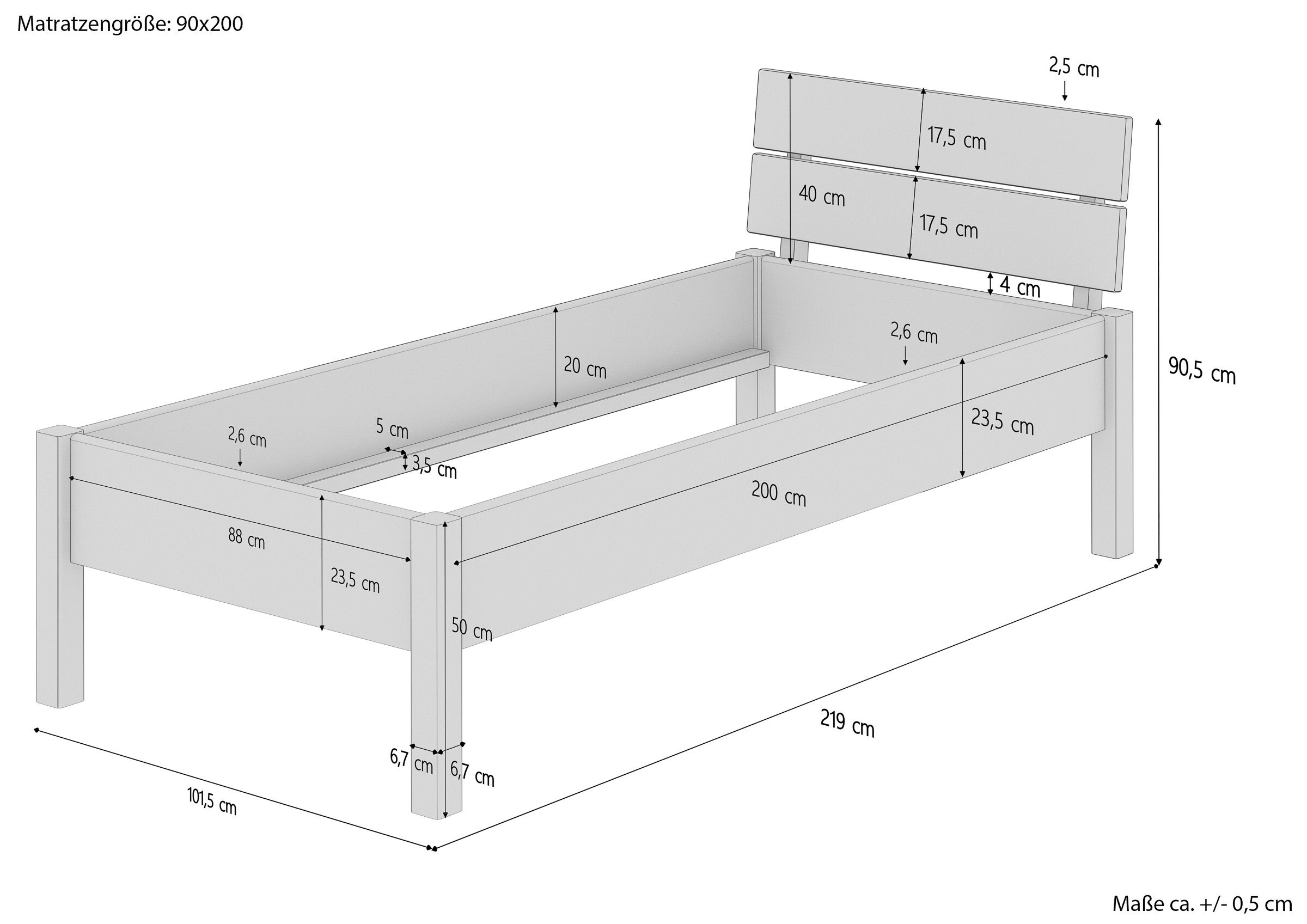 Maße des metallfreien Eschenholzbettes 90x200 Maßskizze des Vollholzbettes 90x200