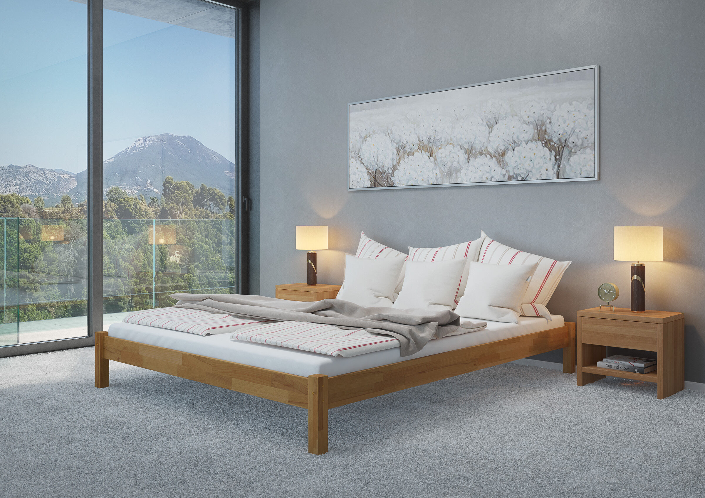 Bettenrahmen, Holzbett, Bettgestell aus Holz, Kopfkissen, Bettwäsche gestreift, Zimmerbild Ehebett Buche natur