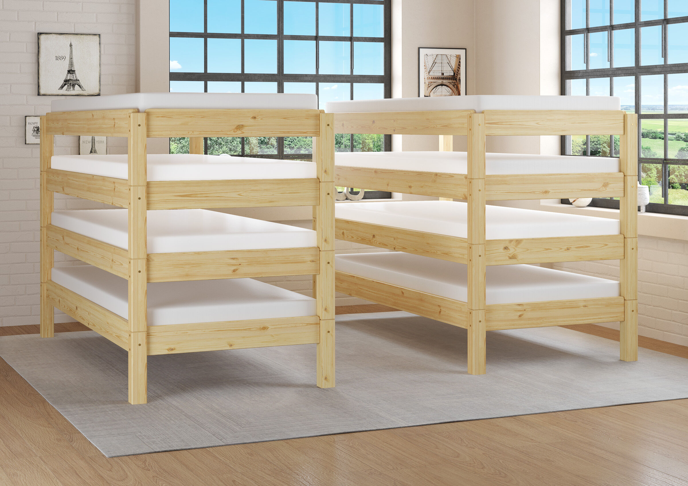 Etagenbett, Holzbett, Stockbett, Massivholz, weißes Matratzen, Stapelbett im Zimmer