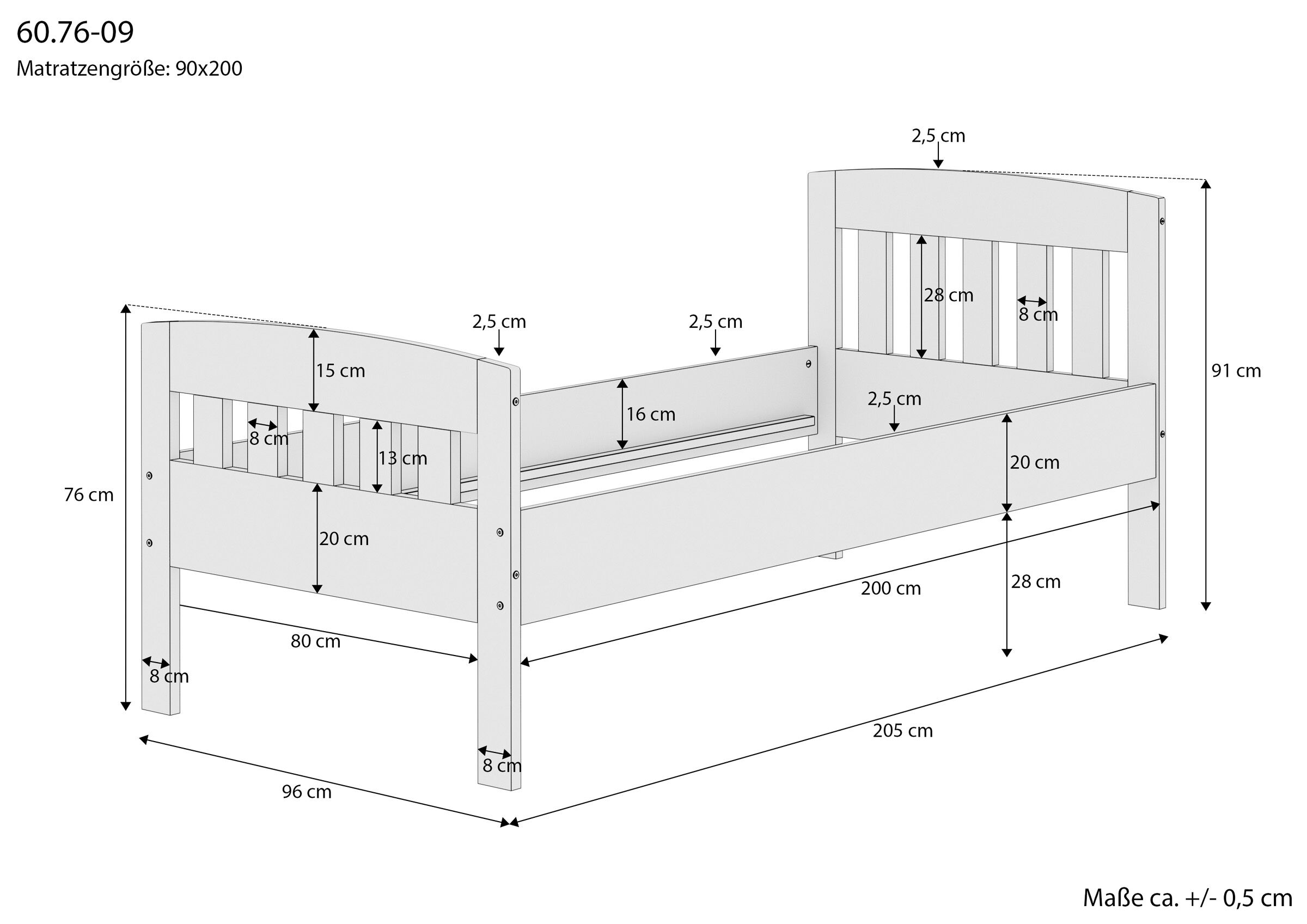 Jugendbett, Holzbett, Kopfteil, Lattenrost-Bereich, Maße 90x200, Maße des Vollholzbettes 90x200