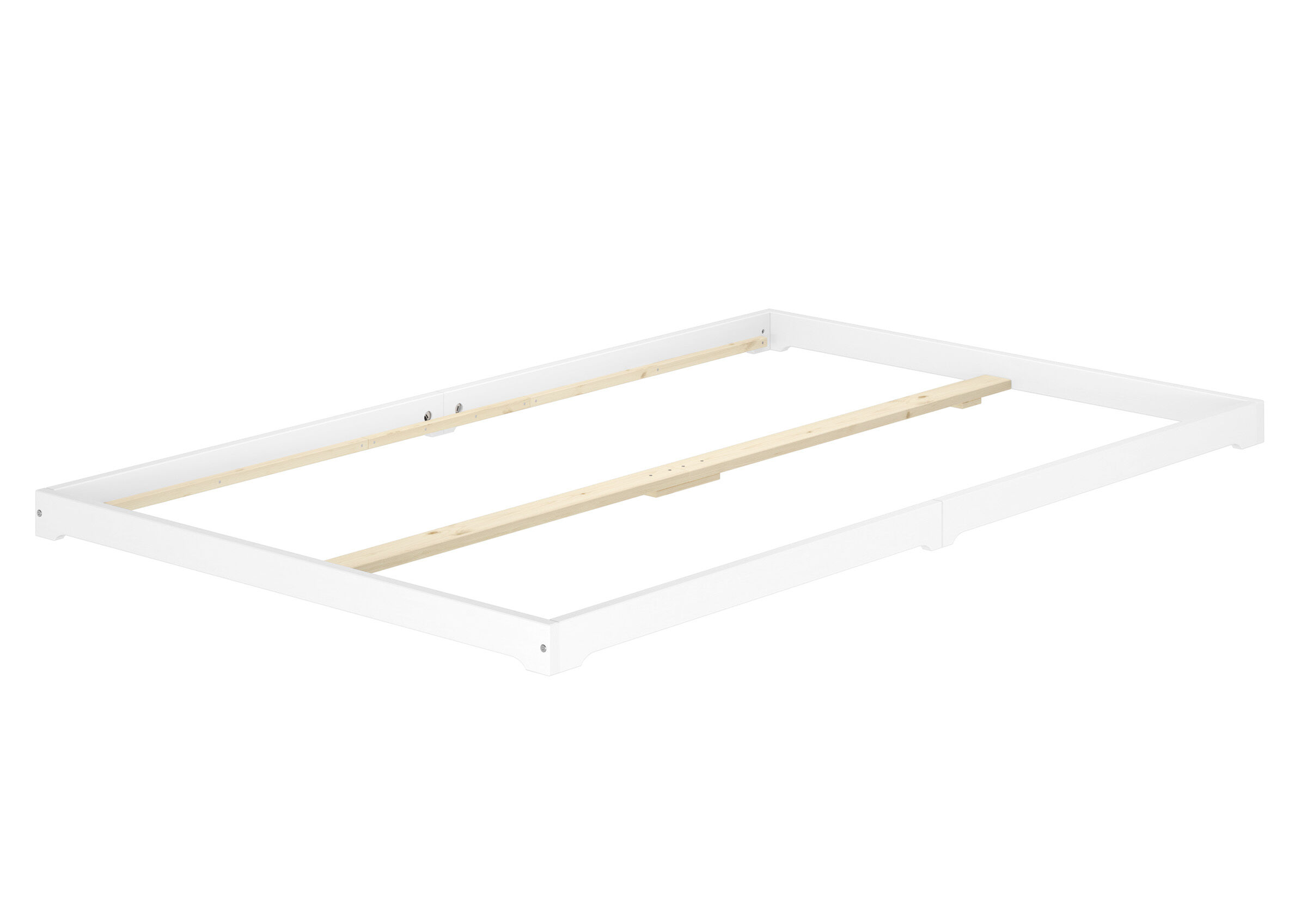Weißer Echtholzbettrahmen 140x220 mit Mittelleiste Extra niedriges Massivholzbett 140x220 mit Mittelleiste