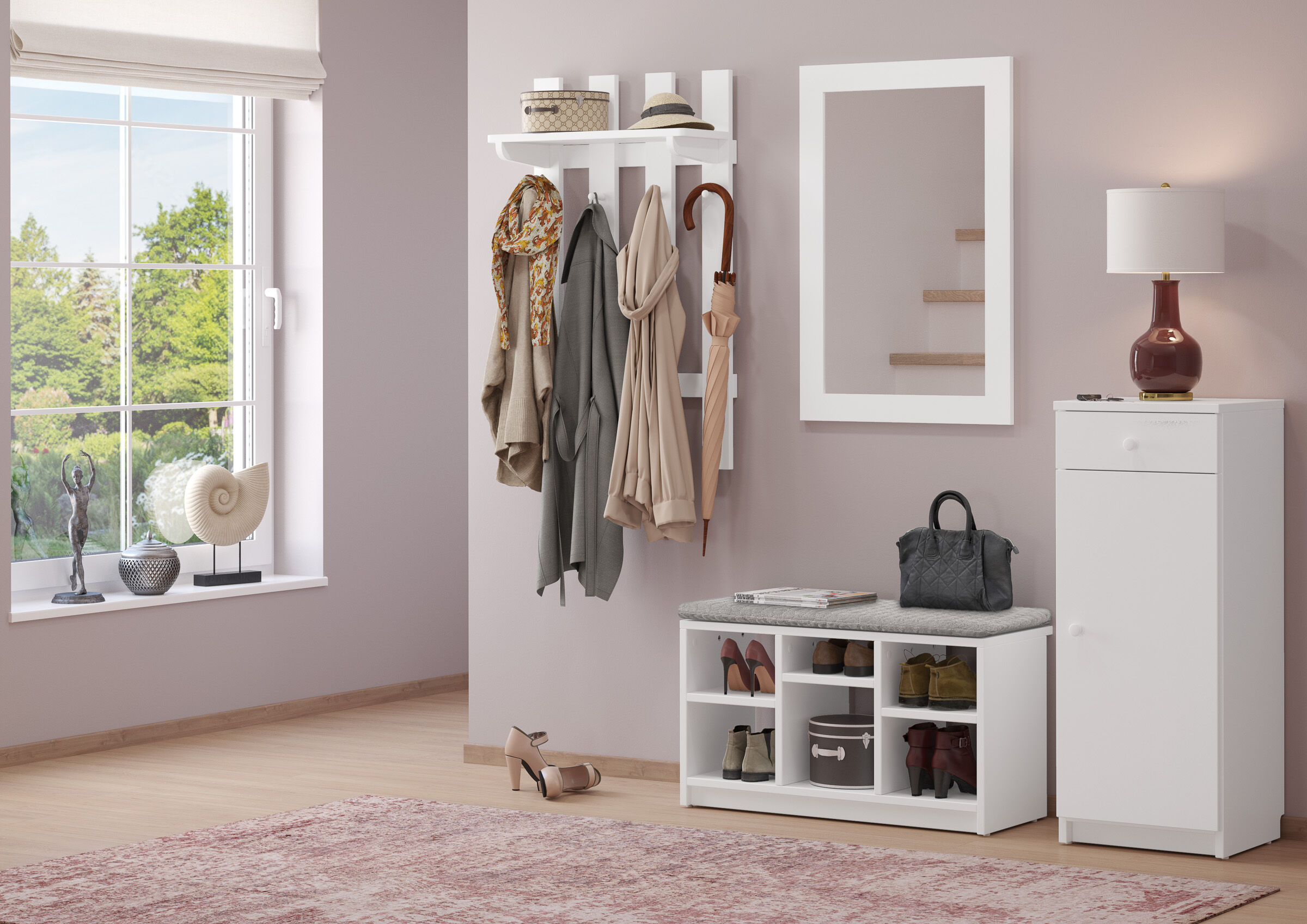 kleiderschrank, wandgarderobe, schuhe, tasche, deko, weißes Schuhregal mit offenen Fächern