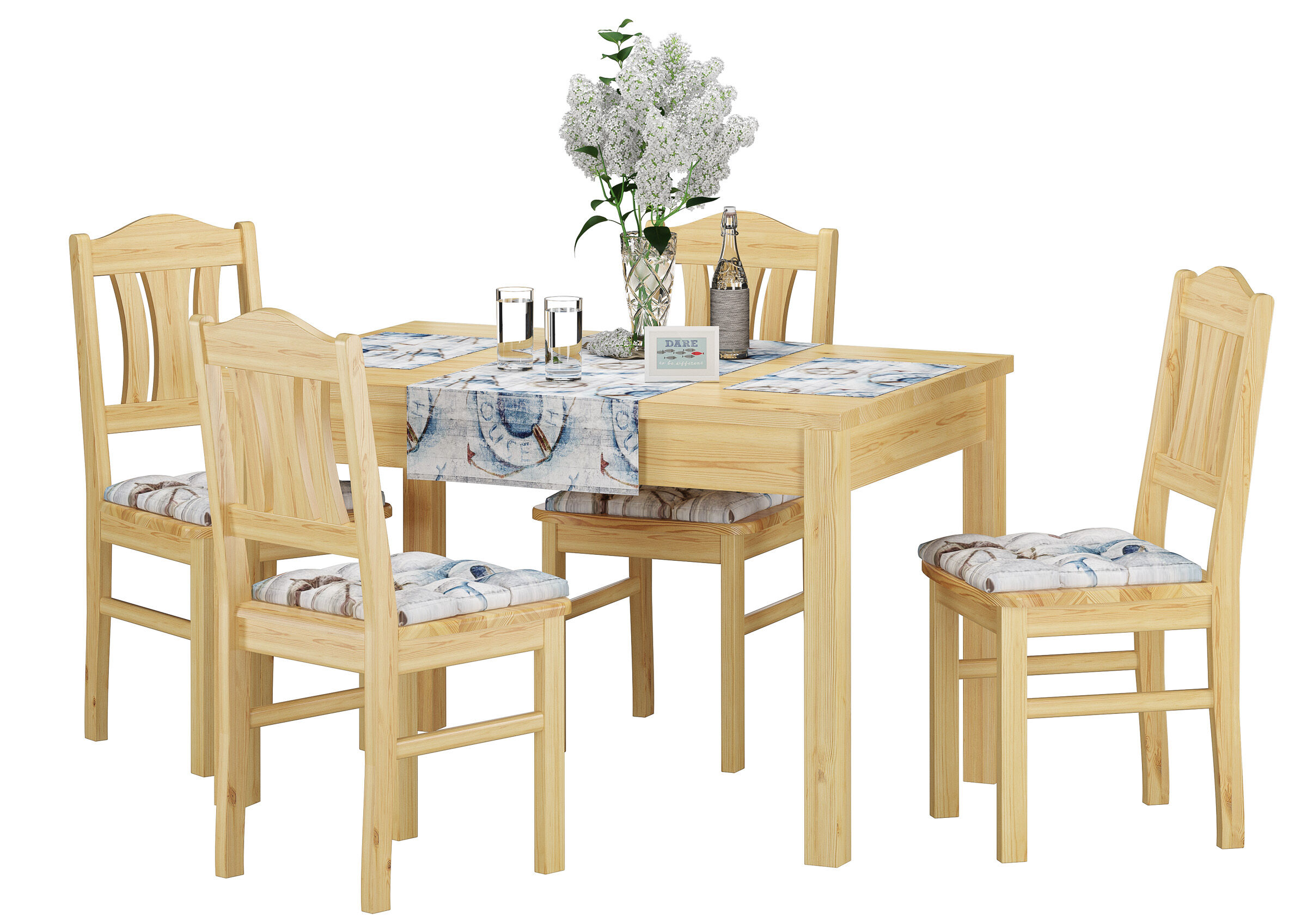 Esstisch, Holzstuhl, Holztisch, Tischdeko, Stuhlsitzkissen,