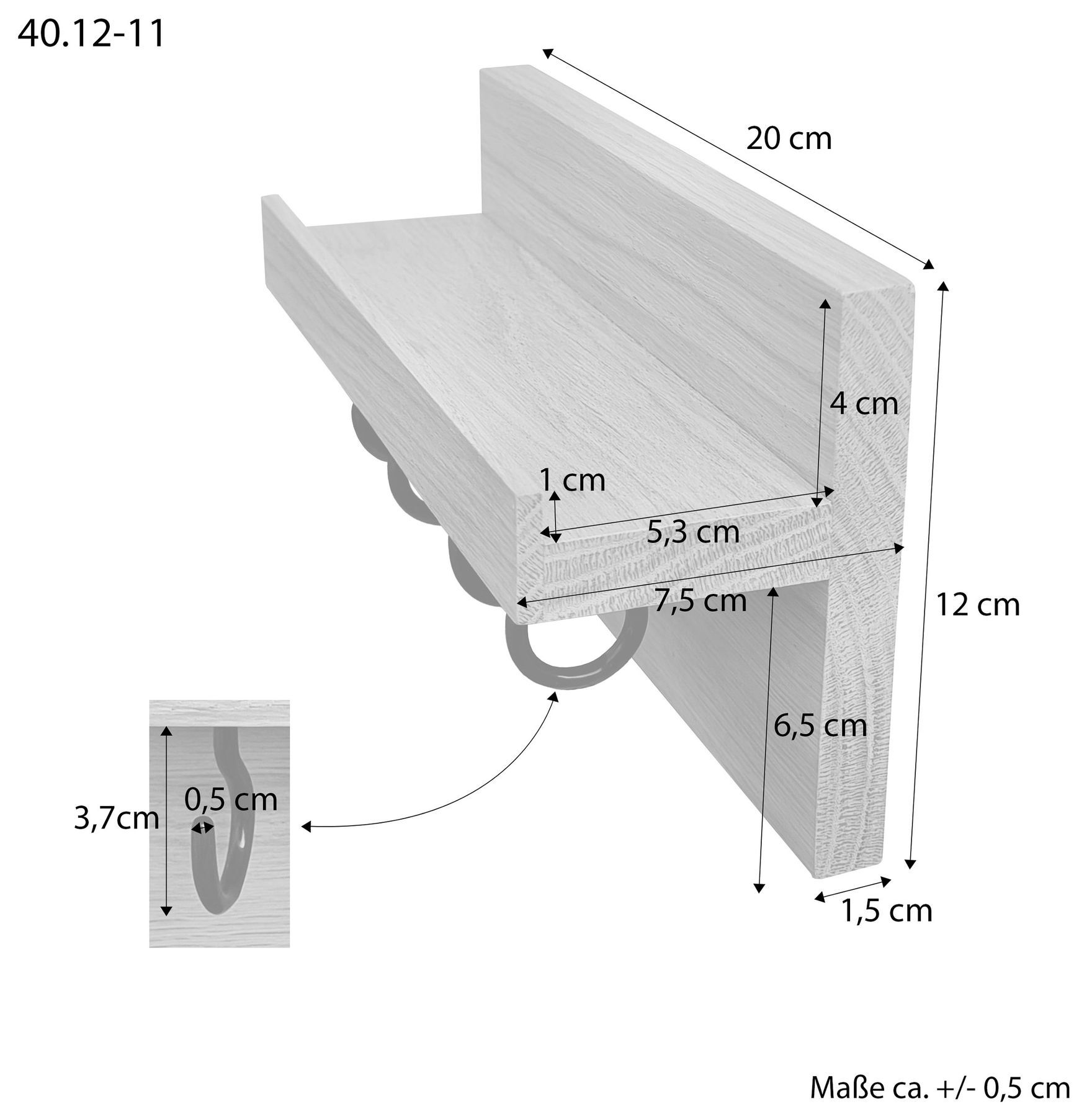 Holzregal, Wandhalter, Kleines Regal, Aufhängehalter, Haken, Maßskizze der Holzablage mit 4 Haken