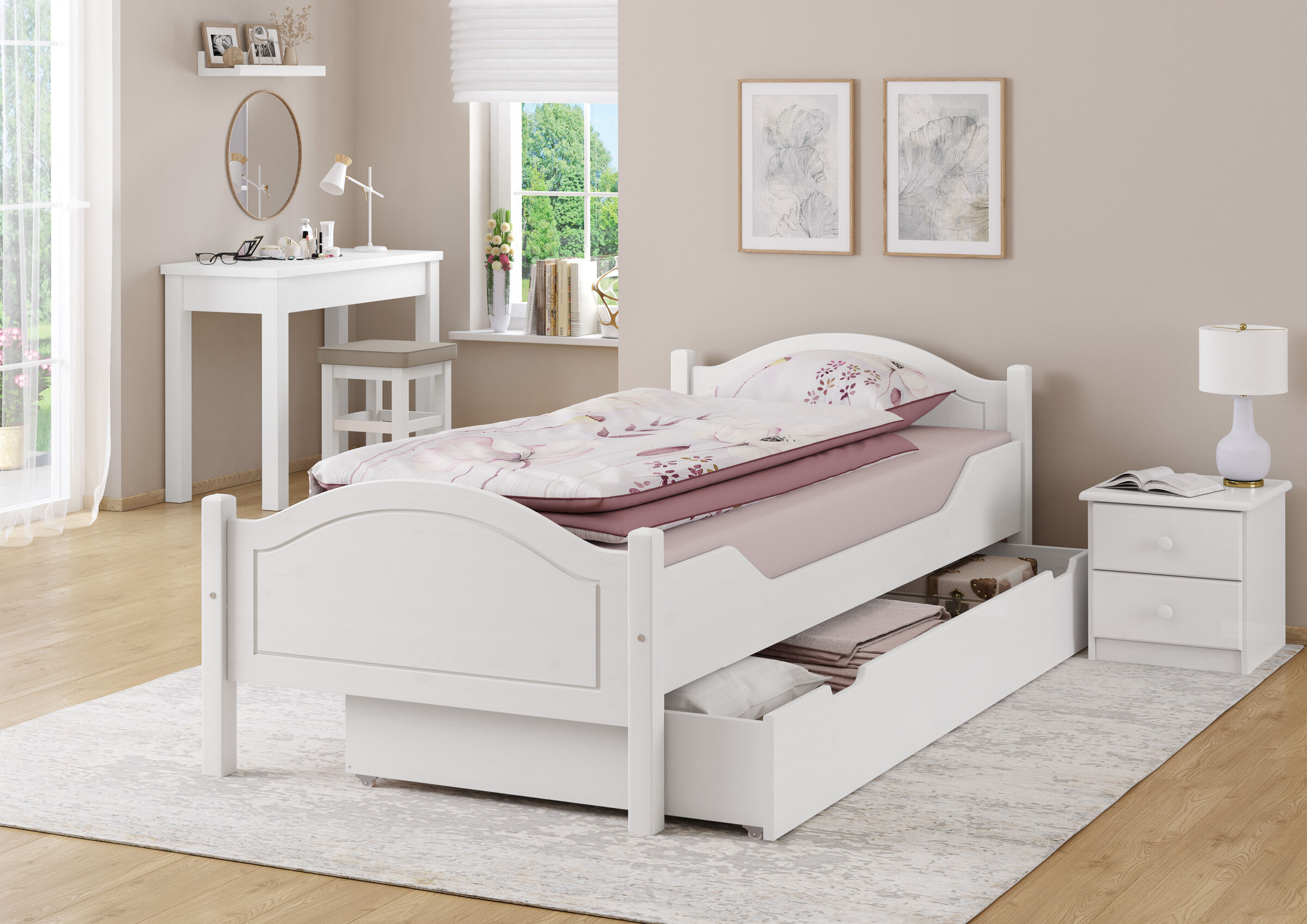 bett, bettgestell, weiß, stauraum, nachtisch, Echtholzbett mit einen durchgehenden Bettkasten
