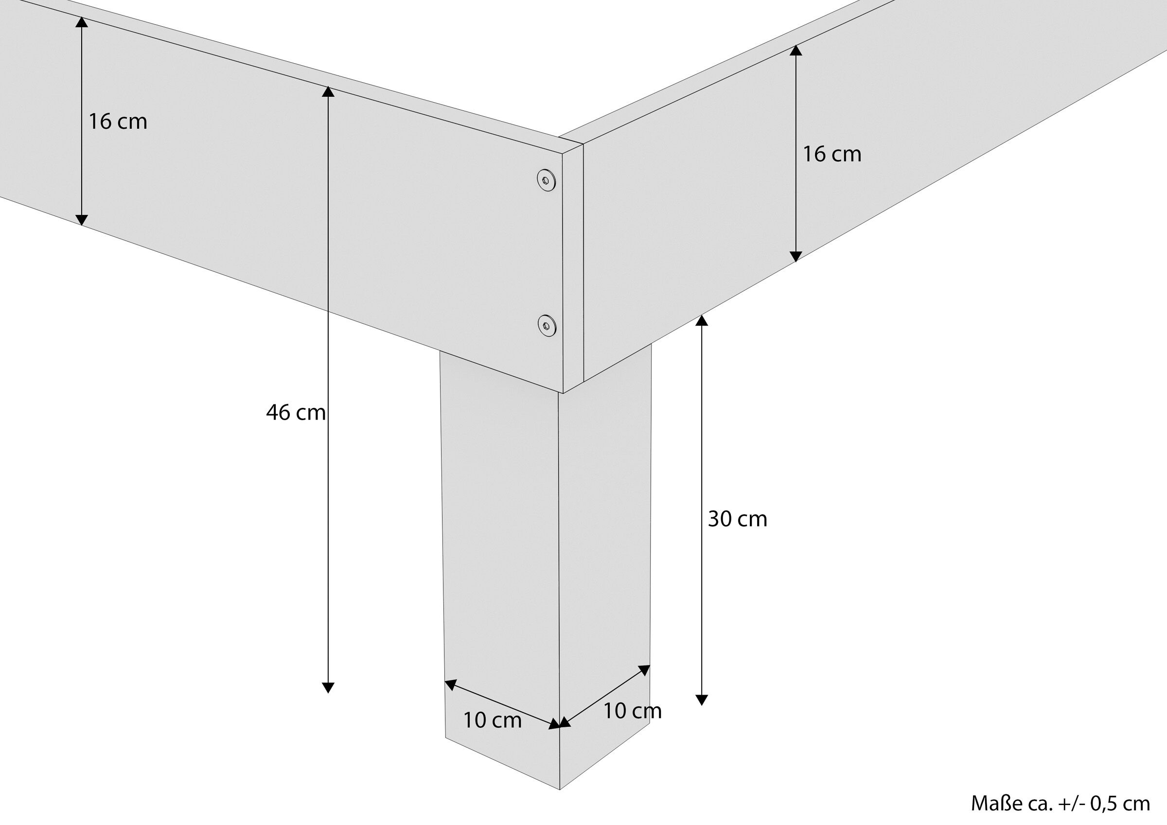 Maßskizze des hohen Fußes des Massivholzbettes 160x200 Hoher Fuß des Echtholzbettes 160x200 mit Maßangaben