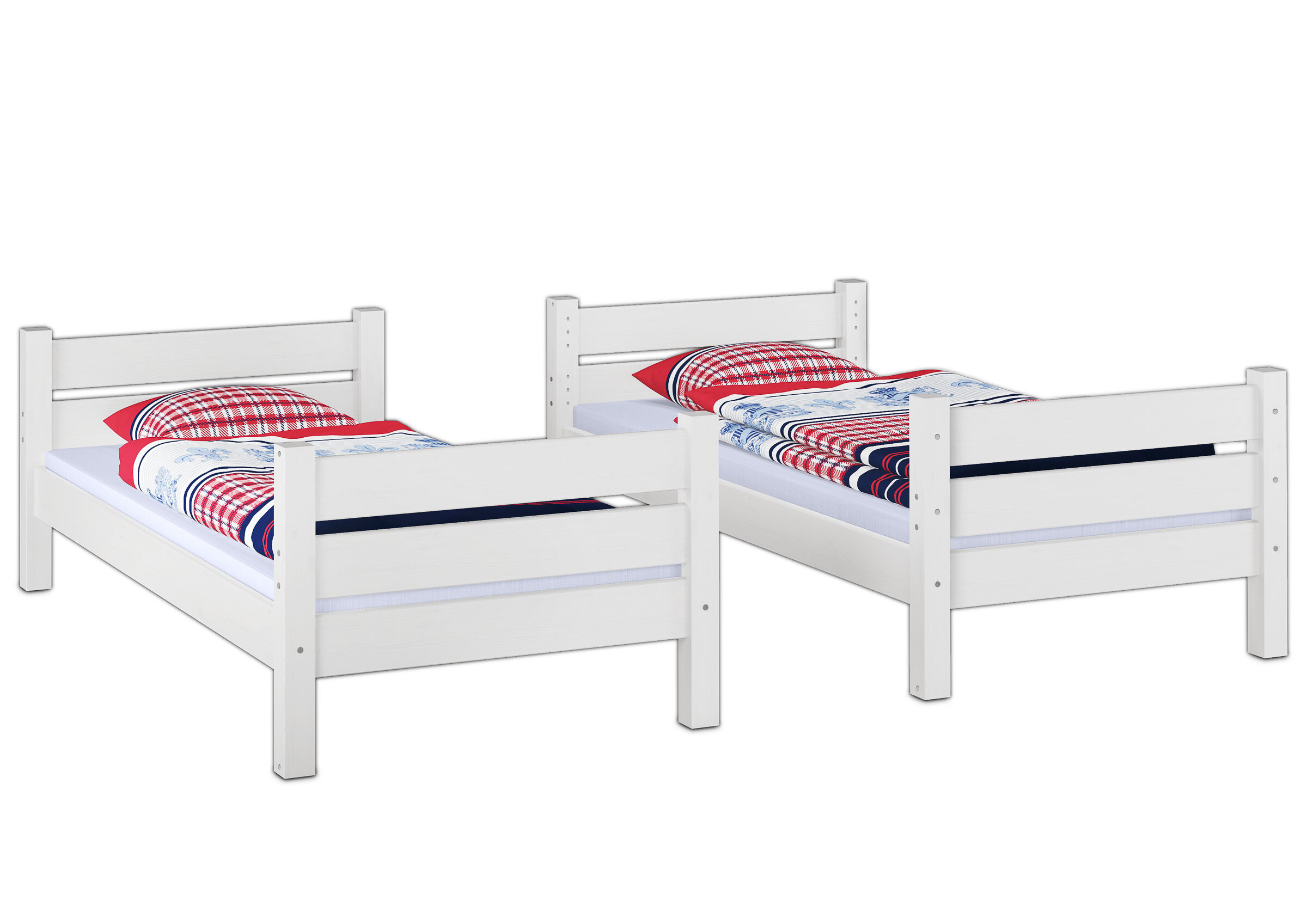 Etagenbett, Holzbettbett, Weiß, Bettgestell, Kinderbett, 2 Einzelbetten weiß mit rot blauer Bettwäsche