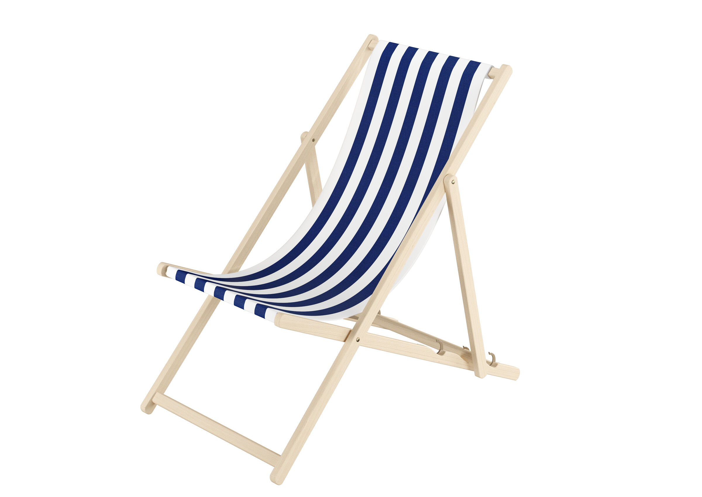 Strandkorb, Sonnenliege, Holzgestell, Blaue Streifen, Strandstuhl, Echtholzstuhl für Terasse mit blau-weißem Stoff