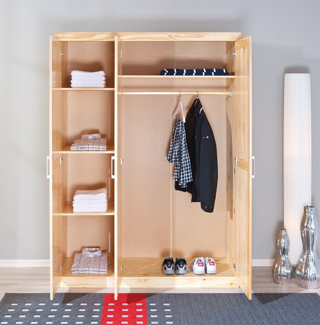 Kleiderschrank, Holzschrank, Kleidung, Schuhe, Ausrüstung, Kleiderschrank Kiefer massiv