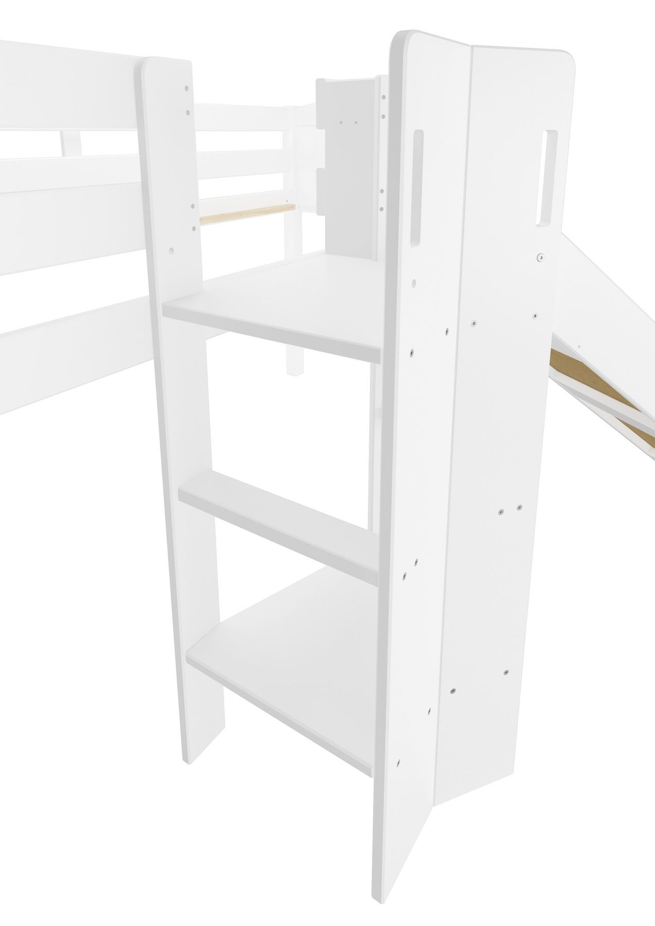 Etagenbett, Hochbett, Leiter, Holz, weiß, Detailbild Treppe