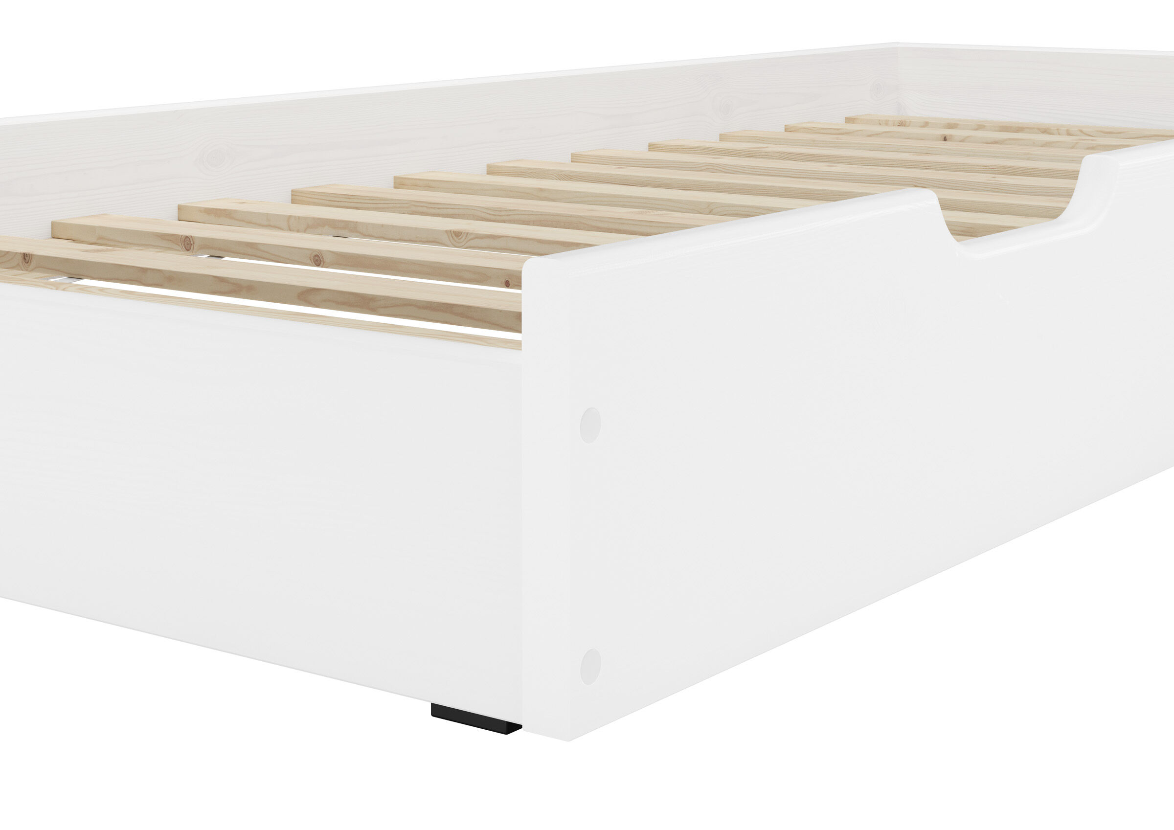 Kleiderschrank, Holzlatten, Weißes Bett, Einzelbett, Holzlatten, Detail weißer Bettkasten