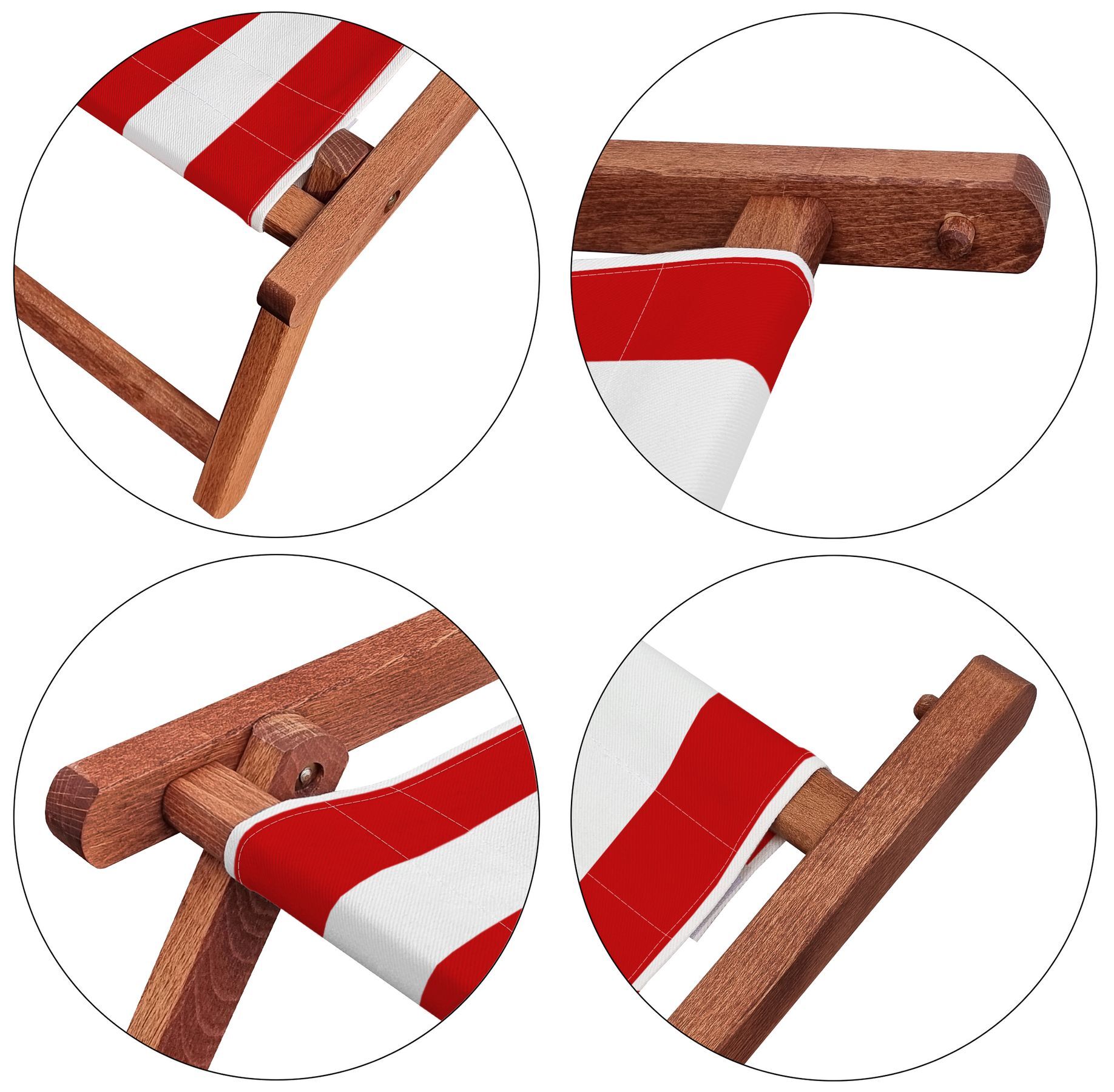 deckchair, wood, fabric, rot-weiß gestreift, faltbar, Fußteil im Detail