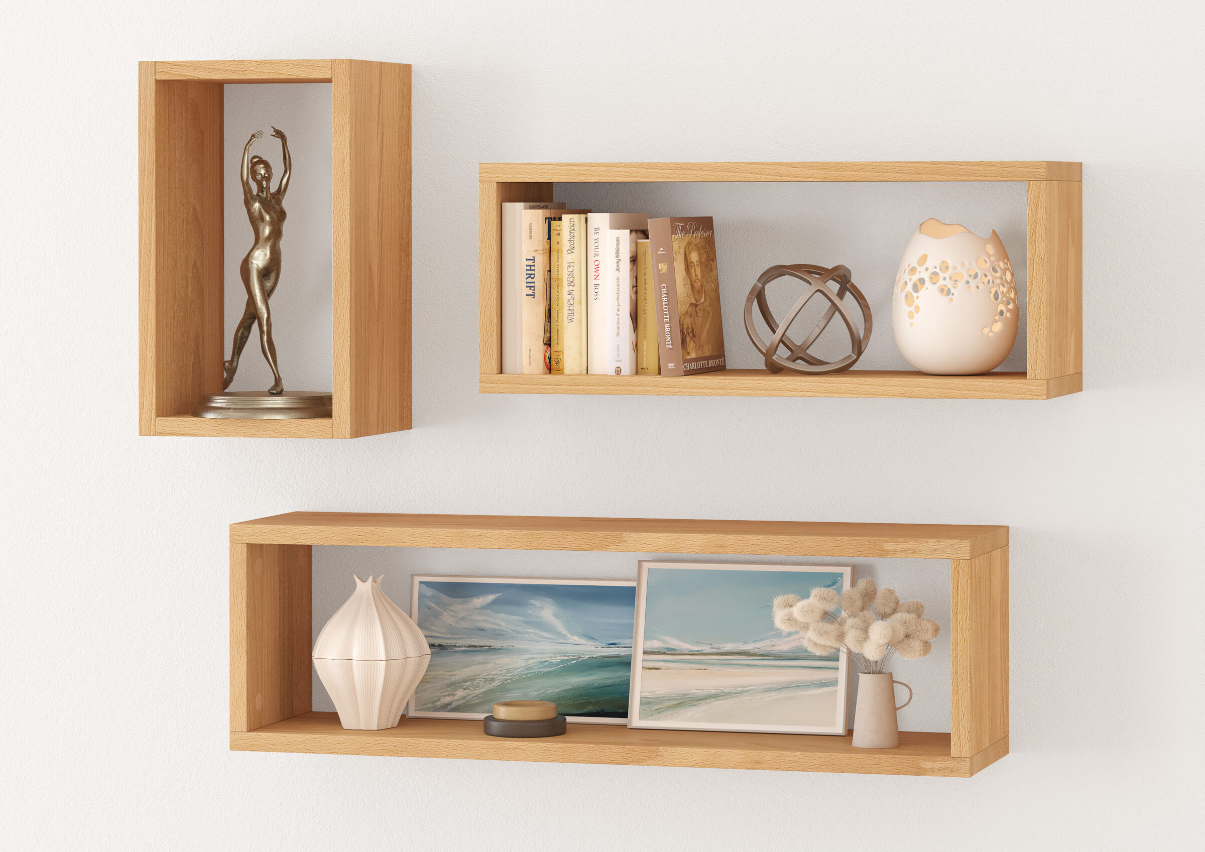 holzregal, wandregal, deko, bücherregal, skulptur, Drei Bucheablagen