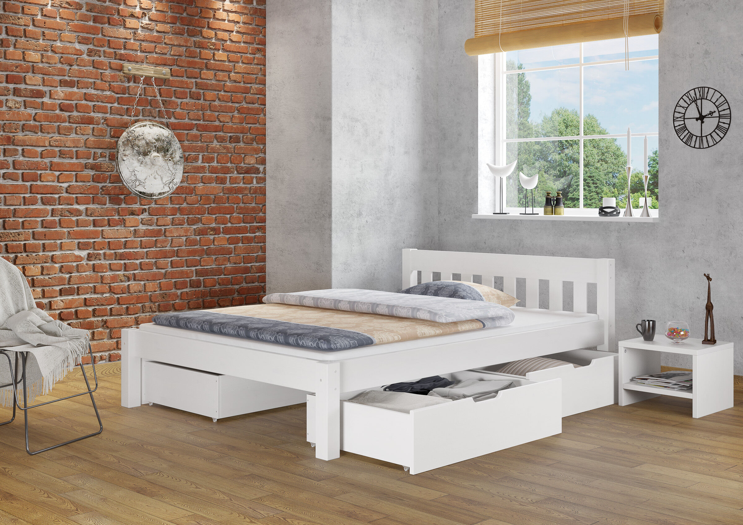Bett, Bettgestell, Schublade, Holzboden, Kissen, Schlafzimmer mit Doppelbett und Bettkästen weiß