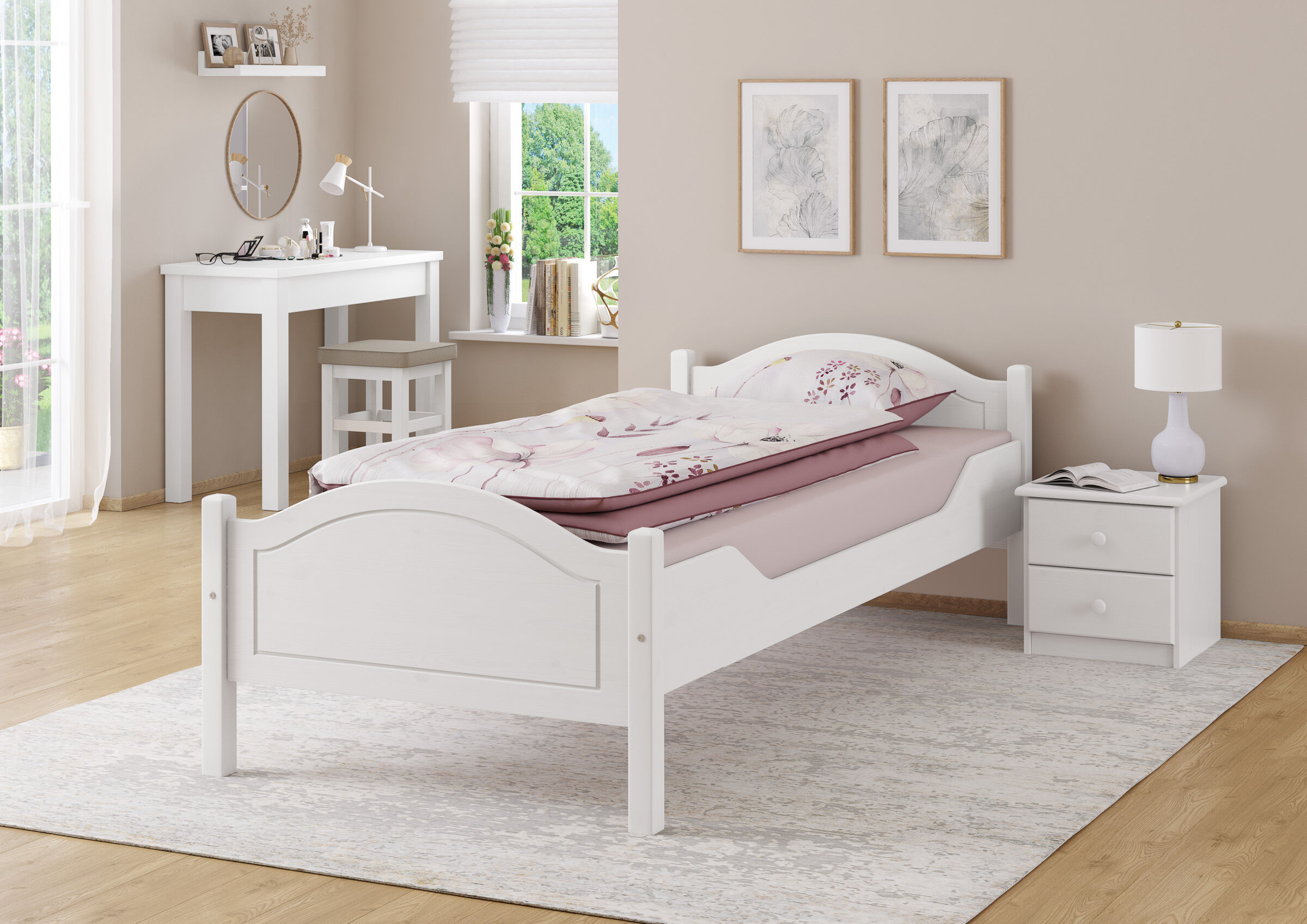 bett, weiße Möbel, rosa Bettwäsche, nachtisch, arbeitsbereich, Weißes Einzelbett 90x200
