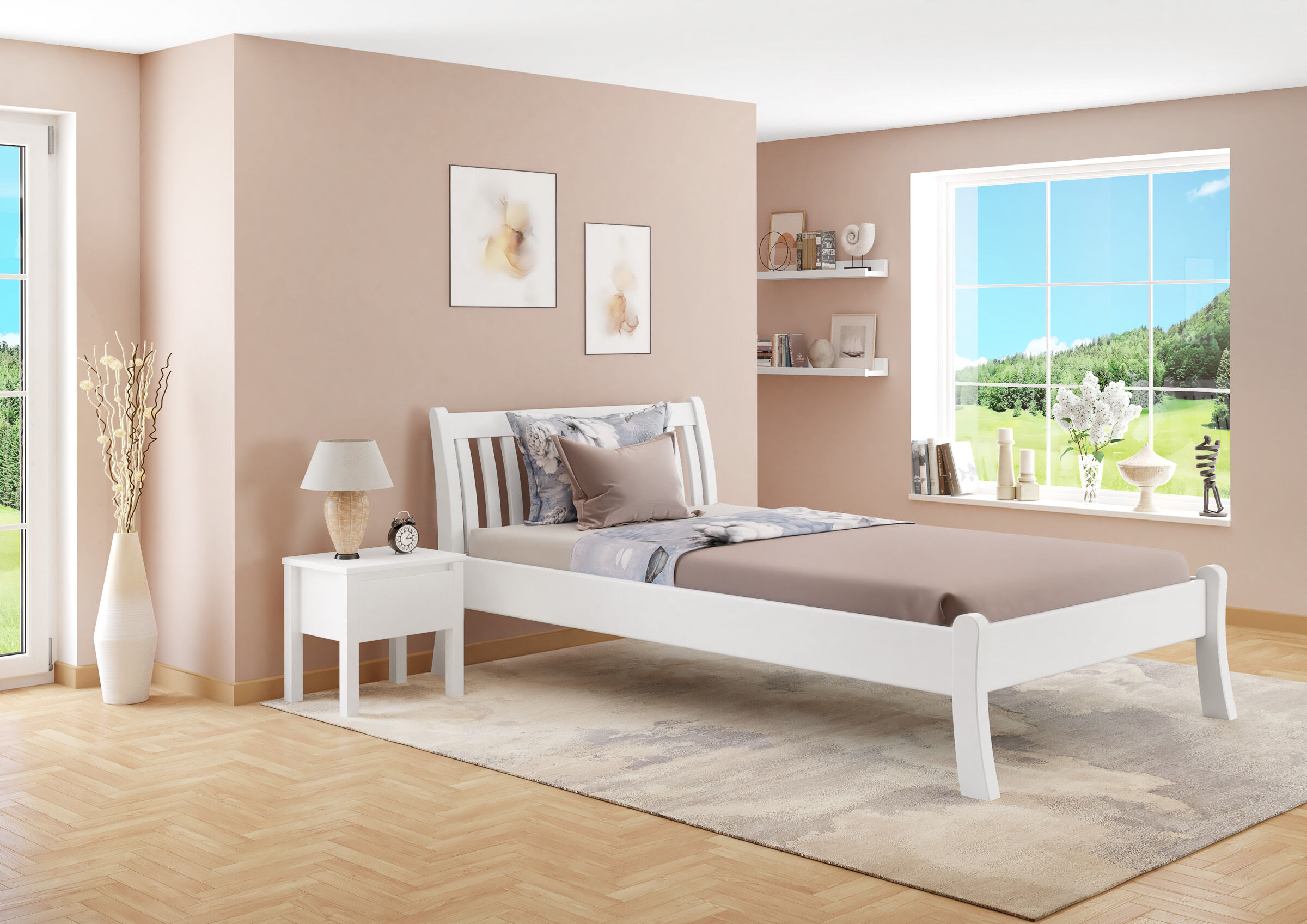 bettgestell, weiße rahmen, kinderzimmer?, zimmerdeko, fensterdekoration, Schlafzimmer mit Einzelbett Kiefer waschweiß