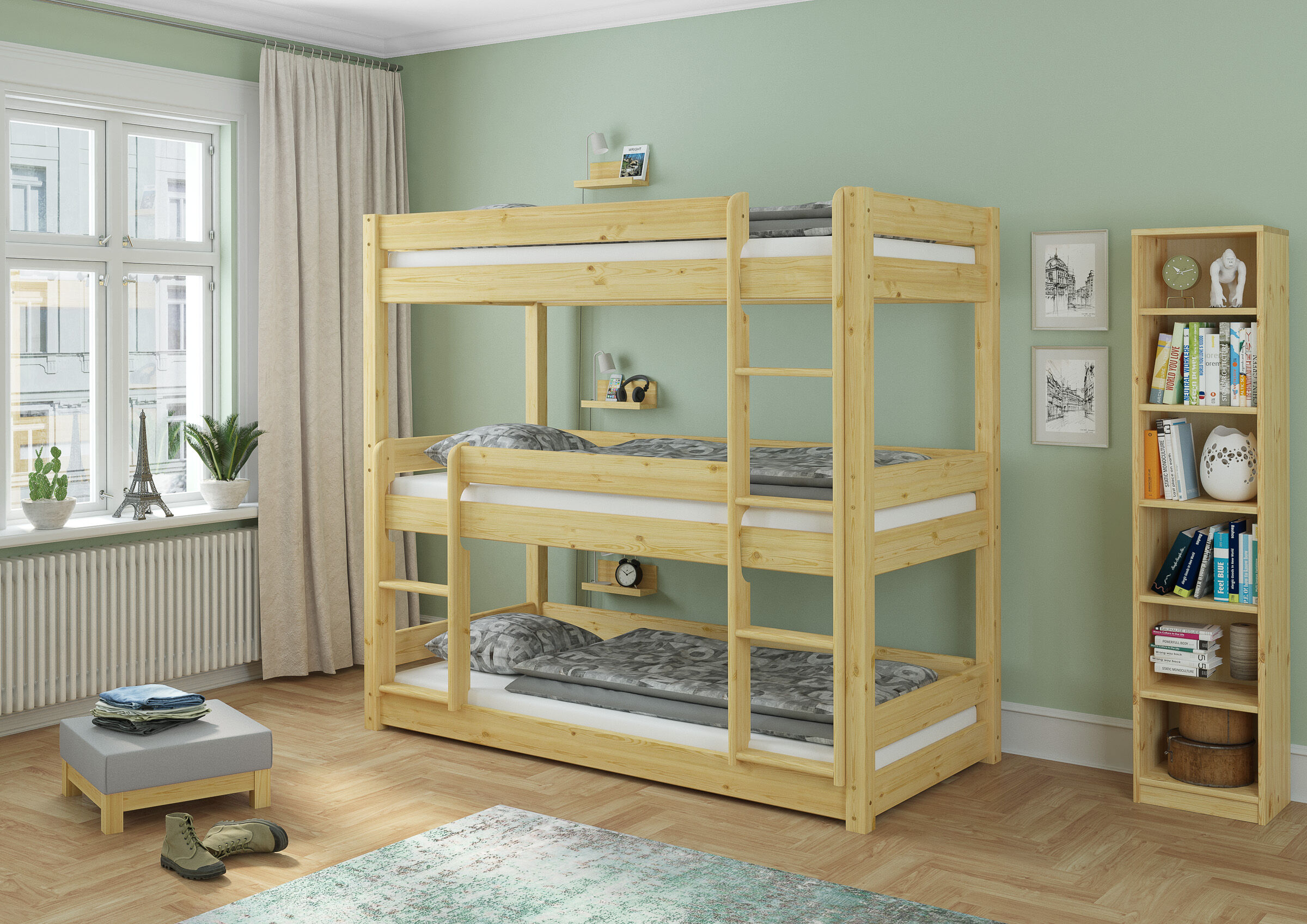Etagenbett, Holzrahmen, grüne Wand, Aufbewahrungsschranke, Bücherregal, Schlafzimmerbild