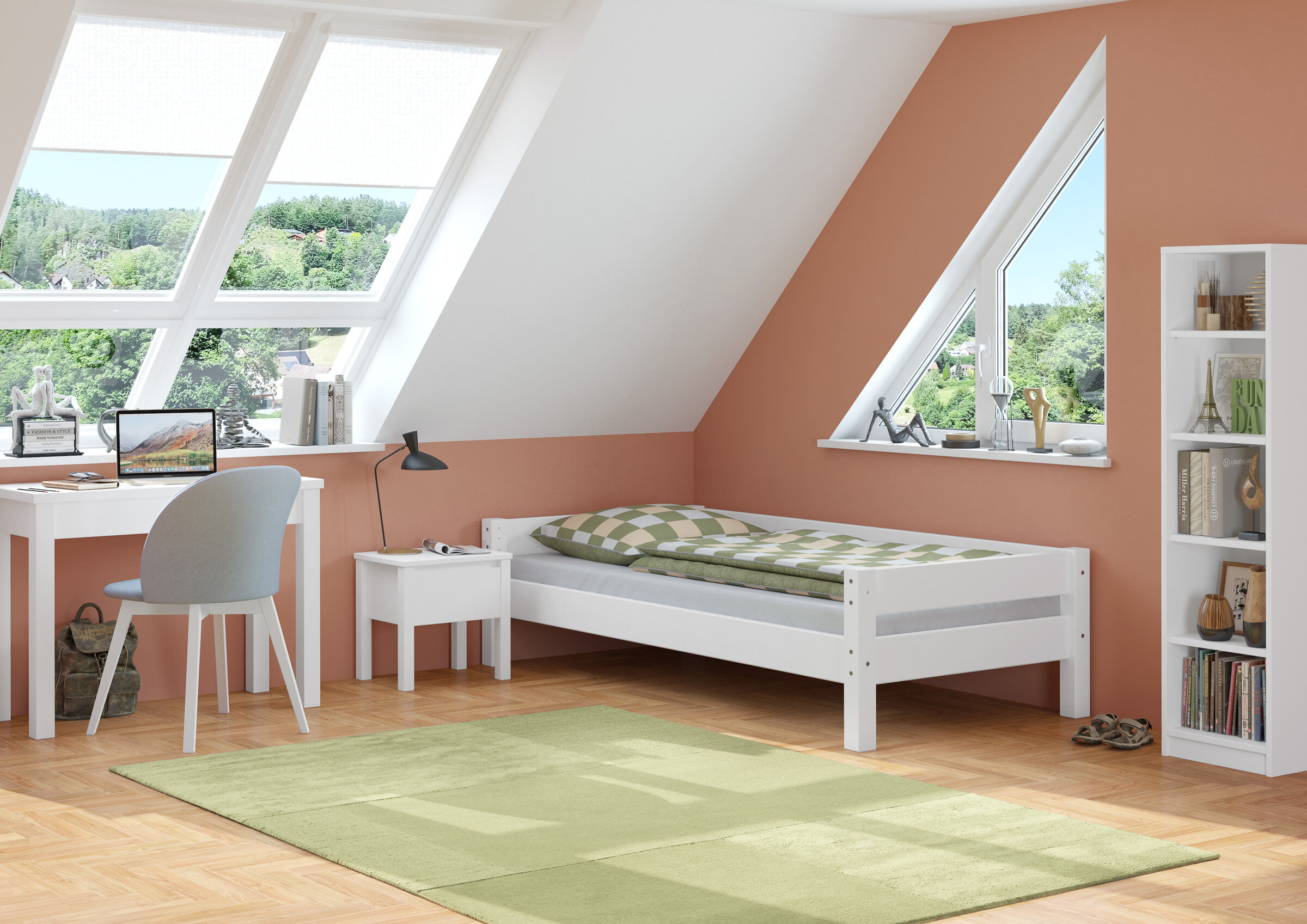 Kinderzimmer, Einzelbett, Schreibtisch, Raumdeko, Bücherregal, Zimmerbild Kiefer Bett weiß