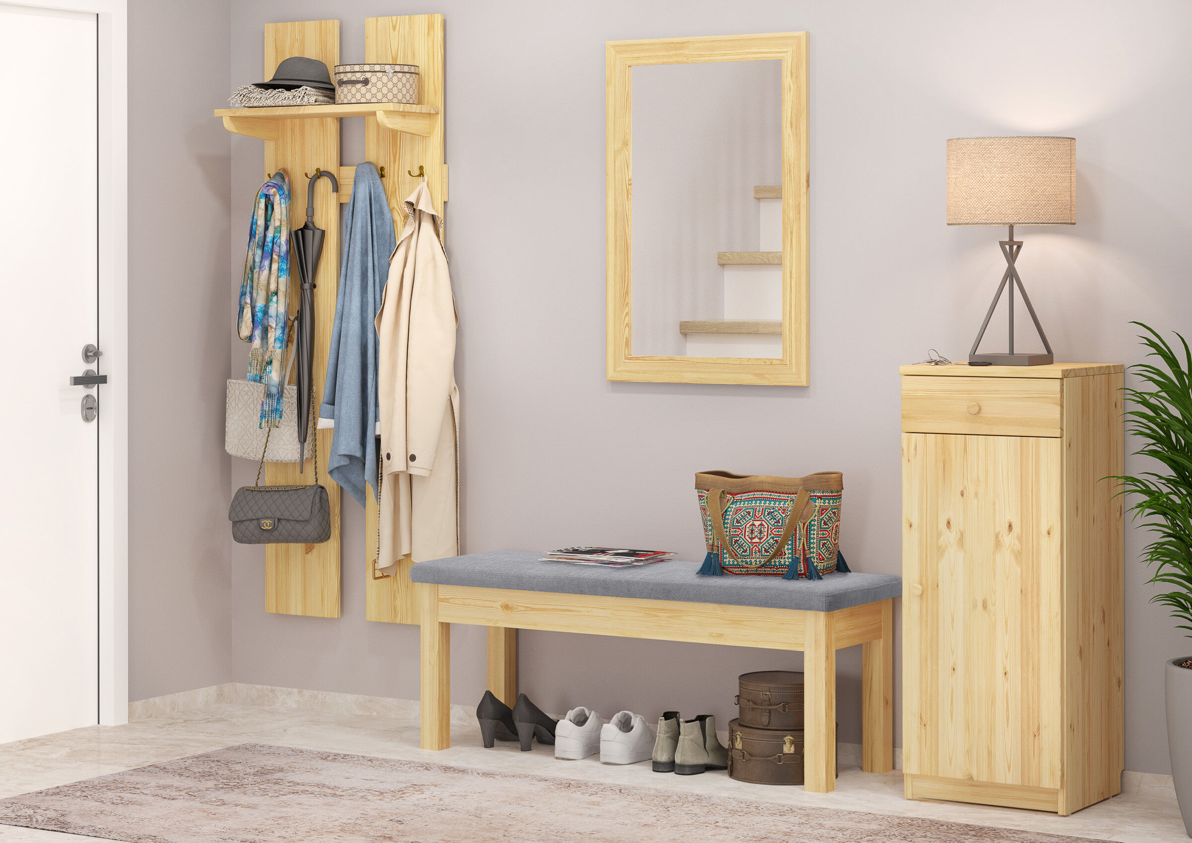 Garderobe, Holzmöbel, Wandgarderobe, Sitzbank, Schuhaufbewahrung, Garderobenbank mit Polster grau