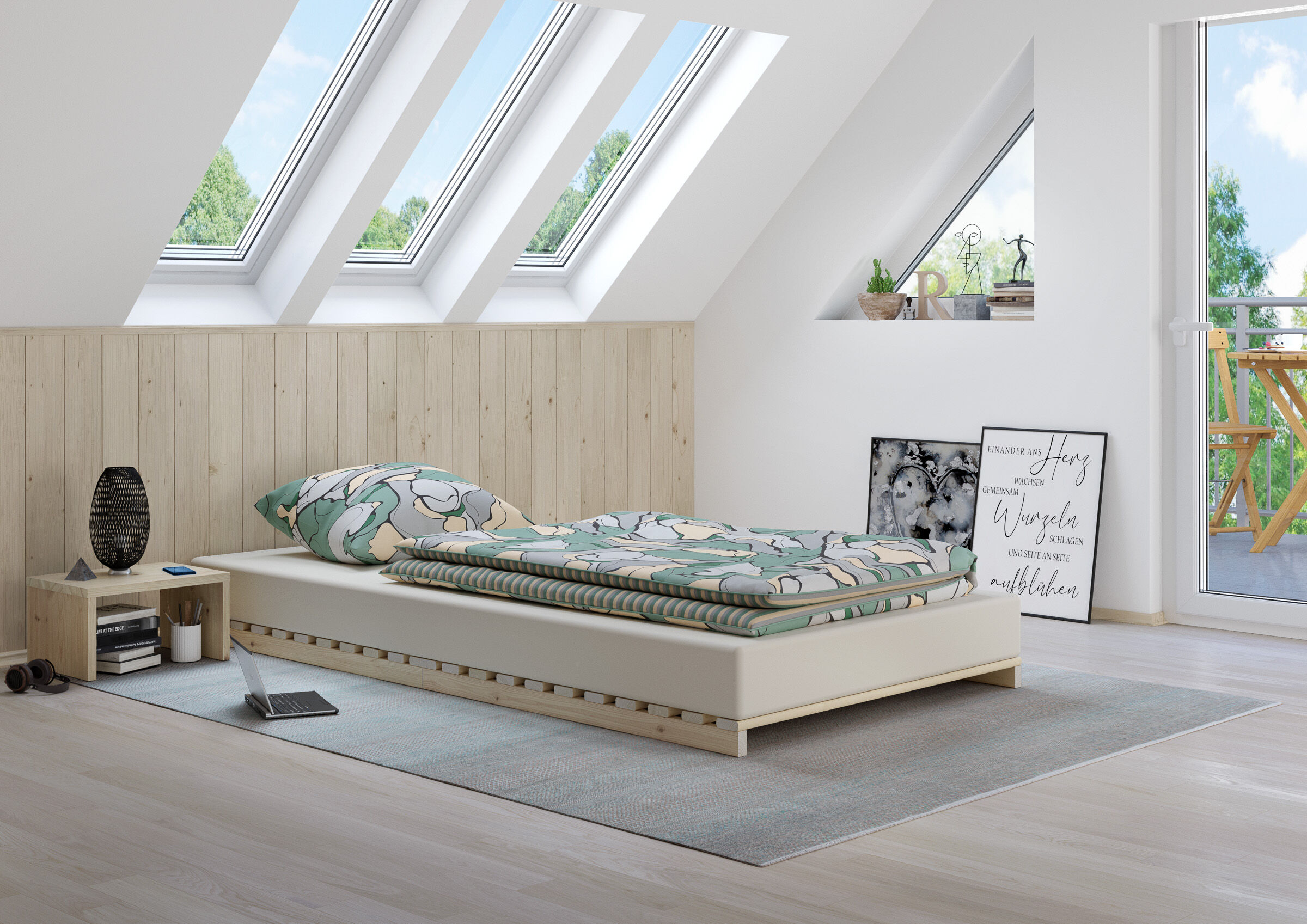 bett, bettgestell, bettwäsche, dachfenster, holzwand, 2-1-Lattenrost - auch als Bett nutzbar