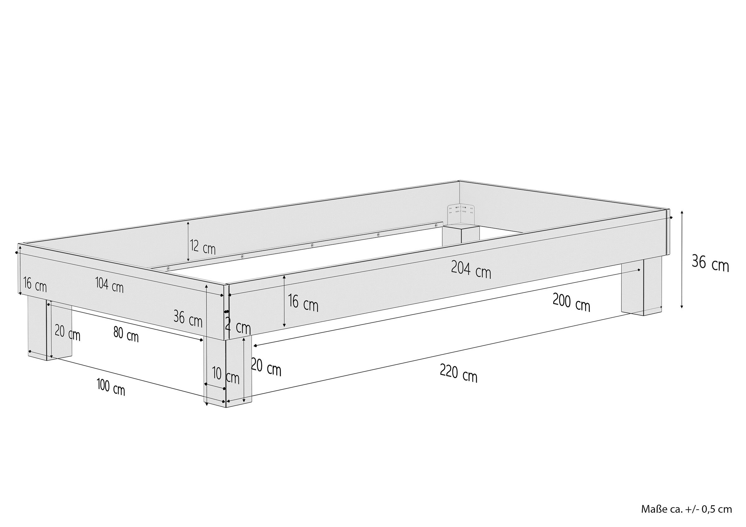 Maße des überlangen Bettes 100x220 Holzbett breites Einzelbett 100x220 Buche Bettrahmen Futonbett mit wählbarem Zubehör V-60.87-10-220W