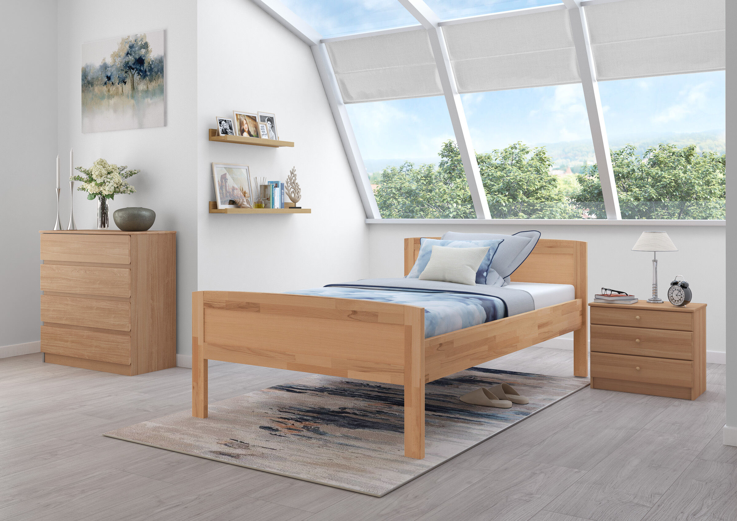 holzbett, holzbetten, zimmermöbel, nachtisch, tageslichtfenster, Schlafzimmer mit Buchebett extra hoch