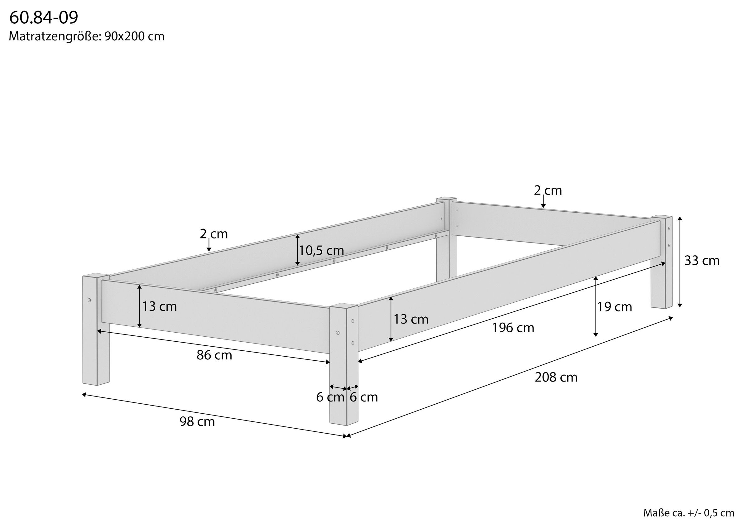 Bettenrahmen, Holzbett, Kastenbett, Einzelbett, Matratzengröße-90x200, Skizze mit Maße