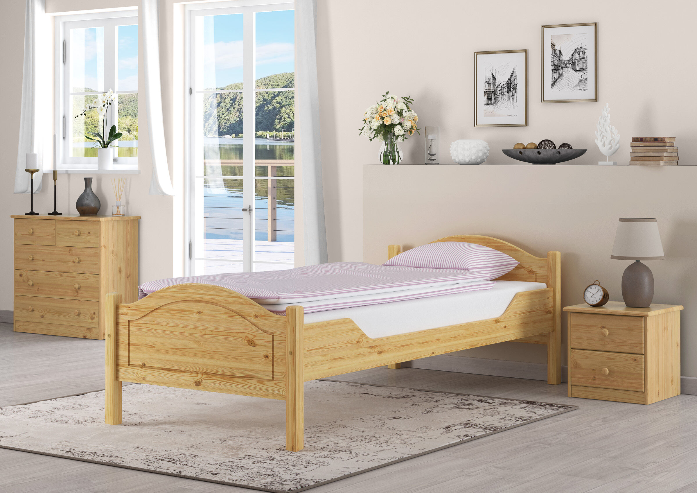 Holzbetten, Bett, Nachttisch, Deko, Holzmöbel, Kiefernholzbett Jugendliche in Überlänge