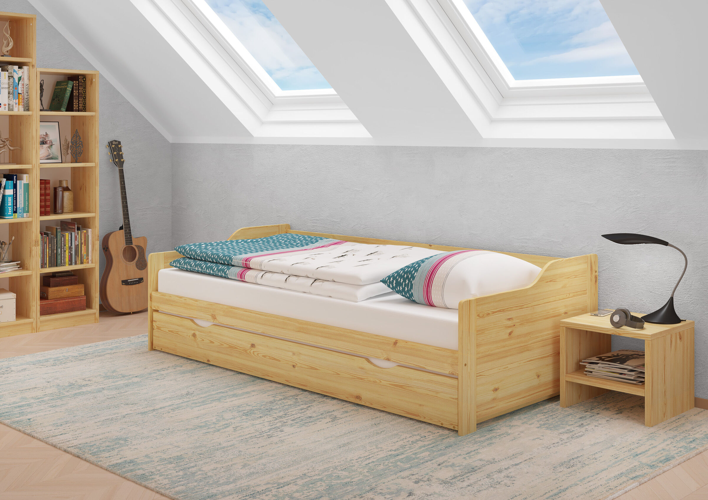 Innenarchitektur, Fenster, Bett, Lampe, Dachfenster, Ausziehbett 90x200 aus Kiefer