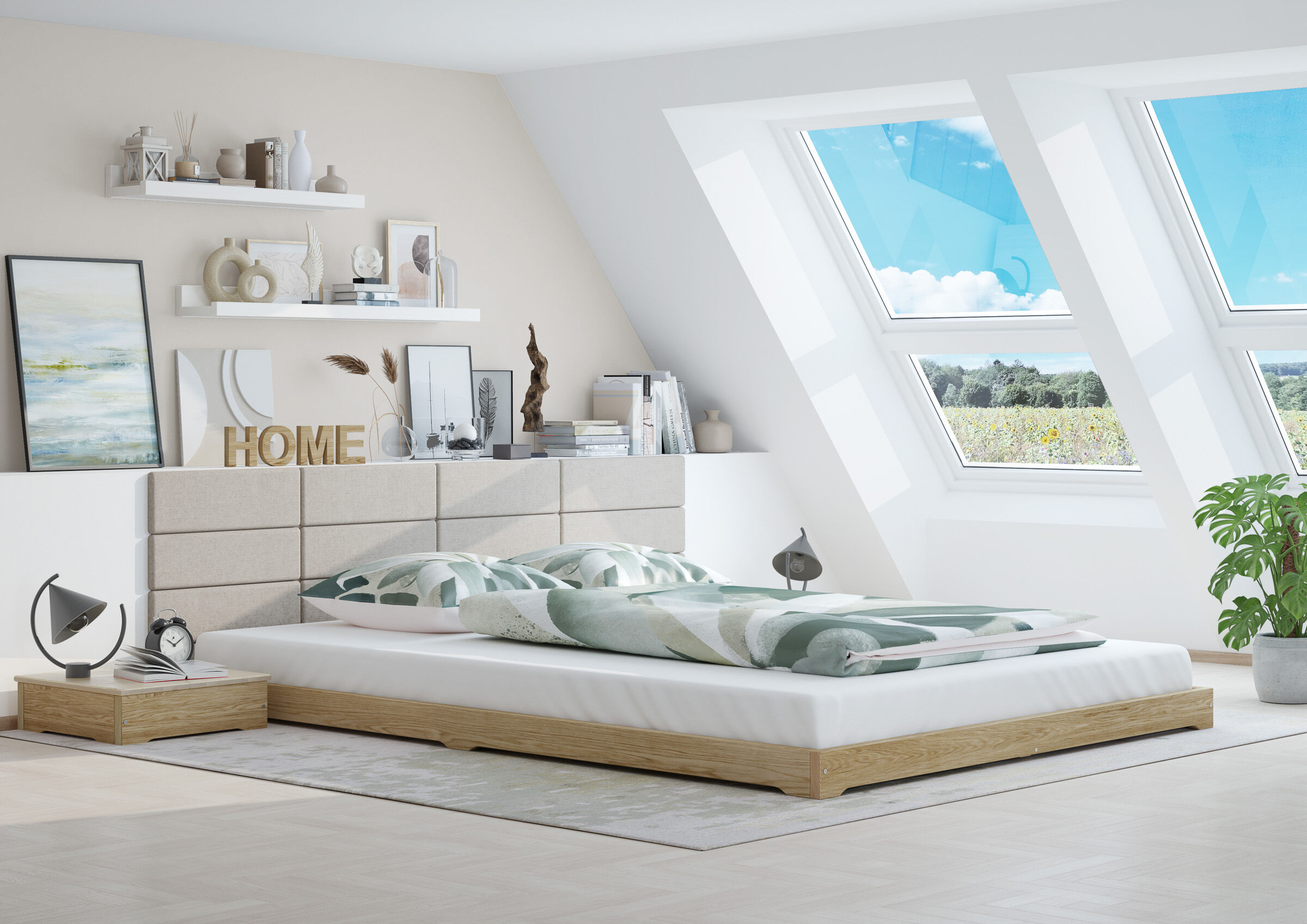 Bett, Bettgestell, Bettkopfteil, Kopfkissen, Wohnzimmerdekor, Schlafzimmer mit Eschebett niedrig und Nachttisch