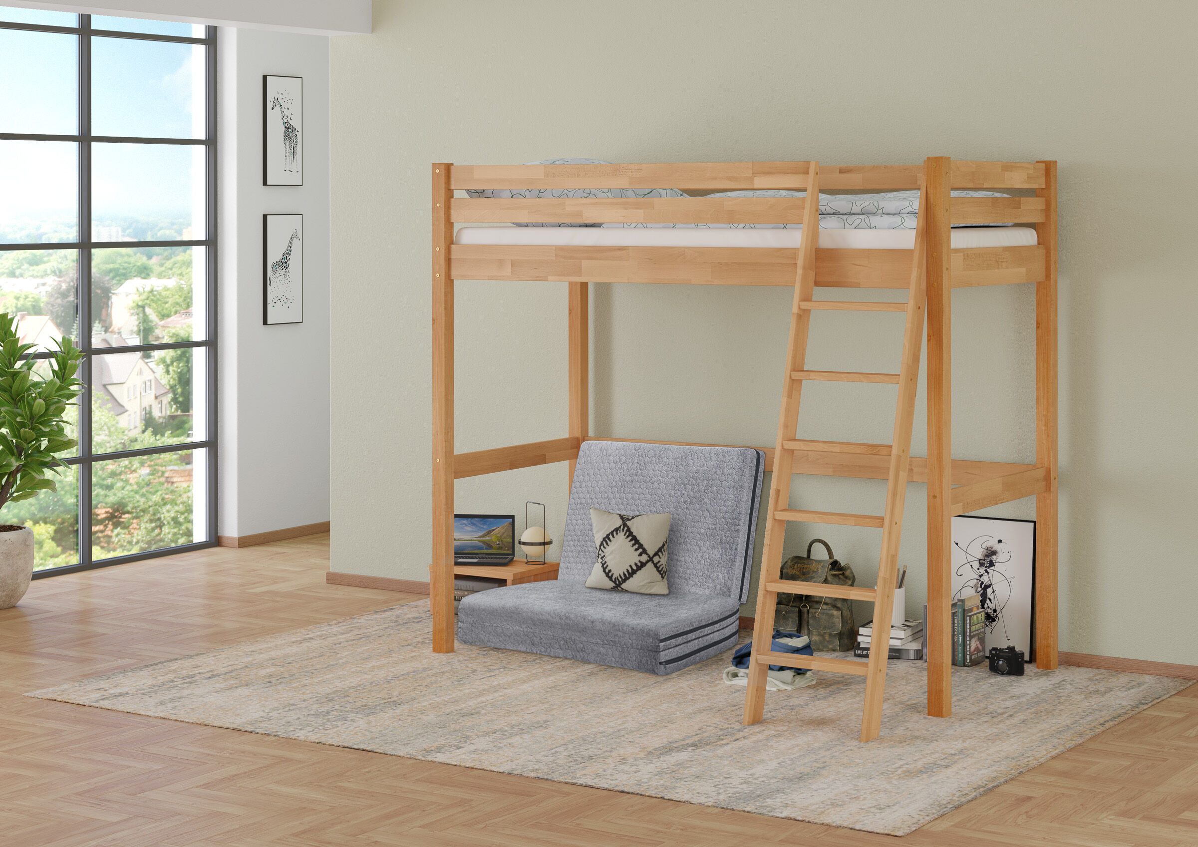 Hochbett, Holz, Gestell aus Holz, Bettleiter, Bank/Sessel,
