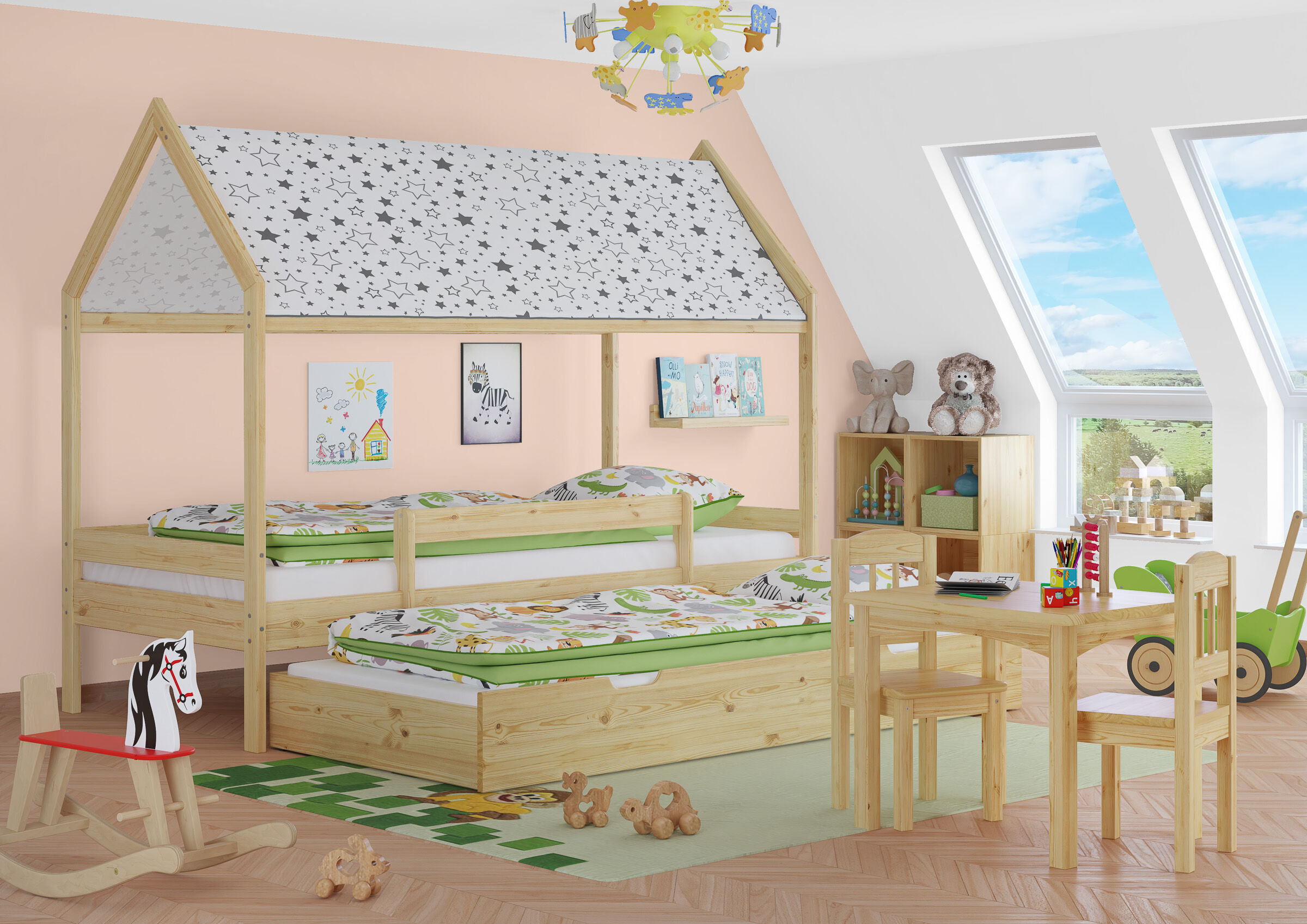 Kinderbett, Holzbett, Etagenbett, Pale Pink, Sternenbettdach, Zimmerbild mit Kinderbett und Gästebettkasten